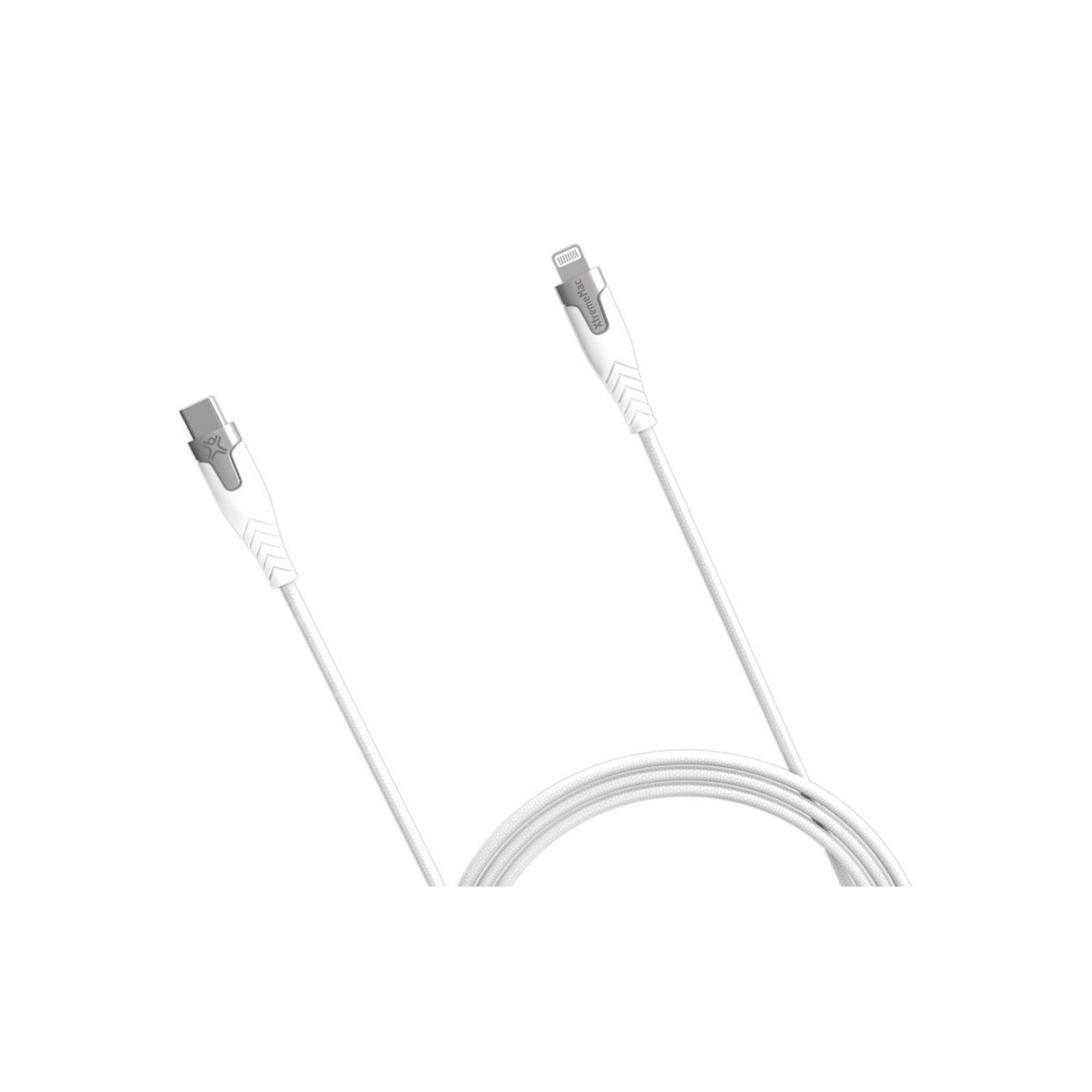 Witte oplaadkabel met twee uiteinden. Eén USB-C, de andere Lightning. Witte achtergrond.
