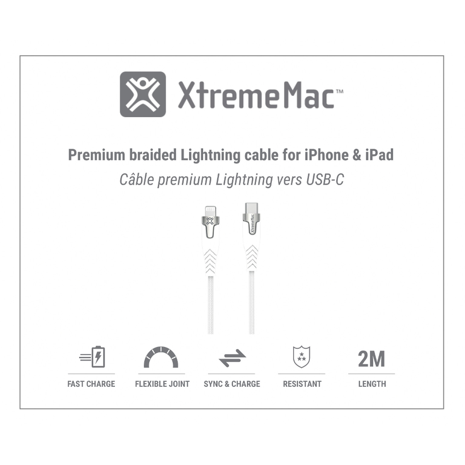 Een witte Lightning-naar-USB-C-kabel met branding en iconen, op een witte achtergrond.