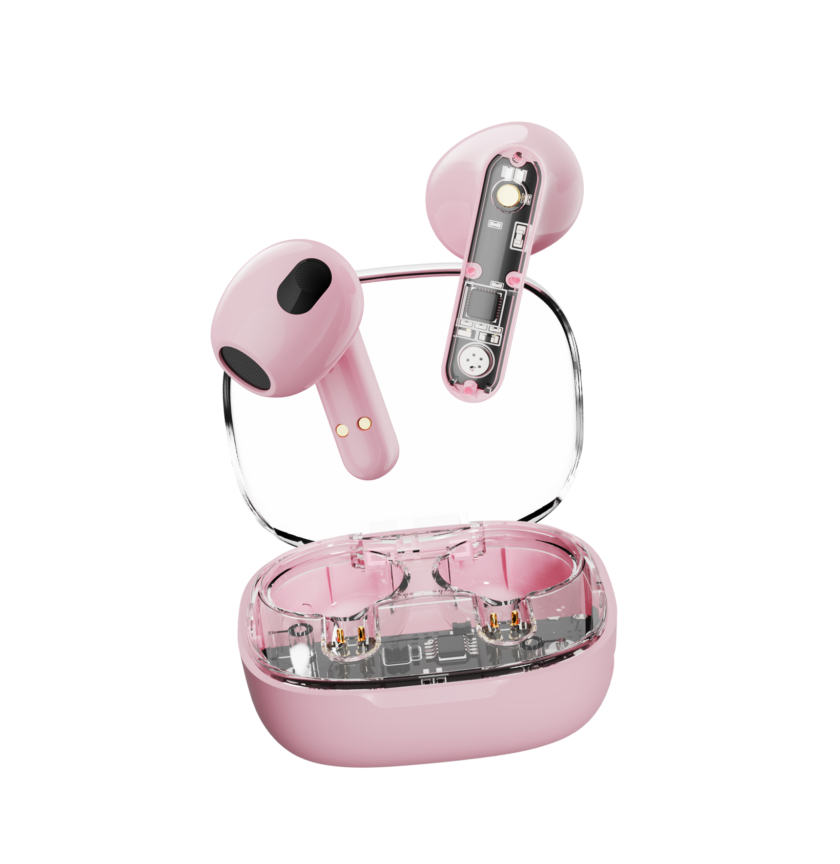 Auricolari wireless rosa e custodia di ricarica, trasparenti. Gli auricolari sono nella custodia, su sfondo bianco.