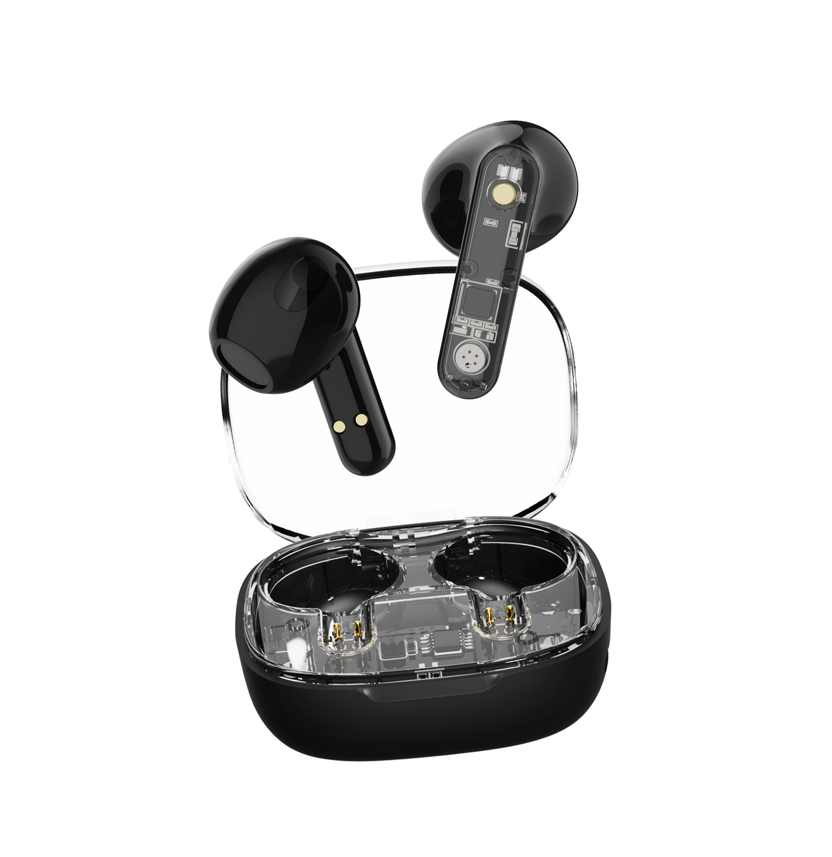 Auricolari wireless neri in custodia di ricarica su sfondo bianco.