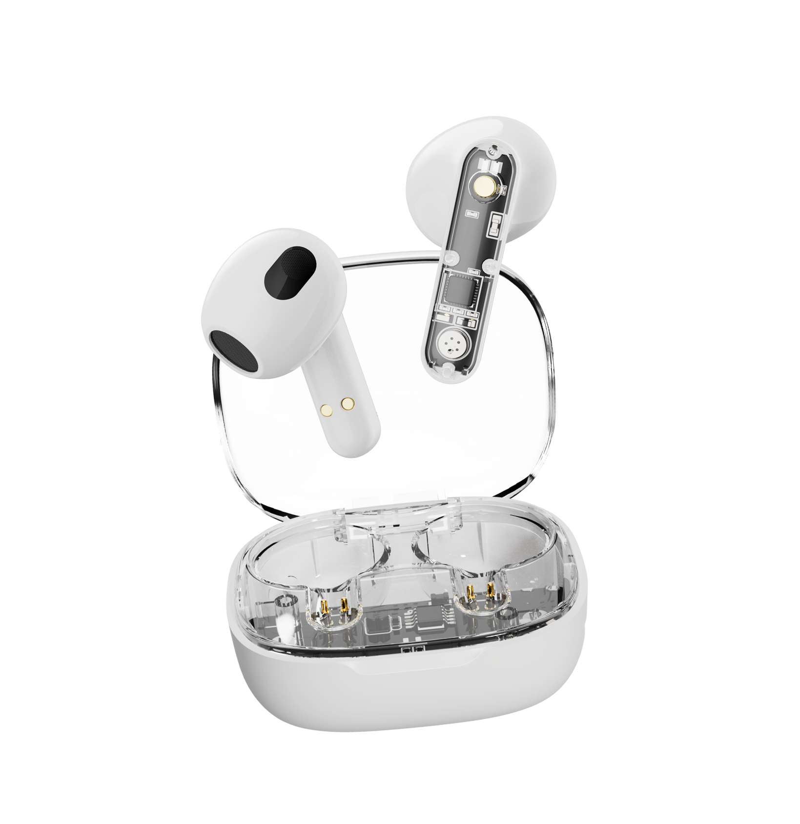Auricolari wireless bianchi in una custodia di ricarica trasparente su sfondo bianco.