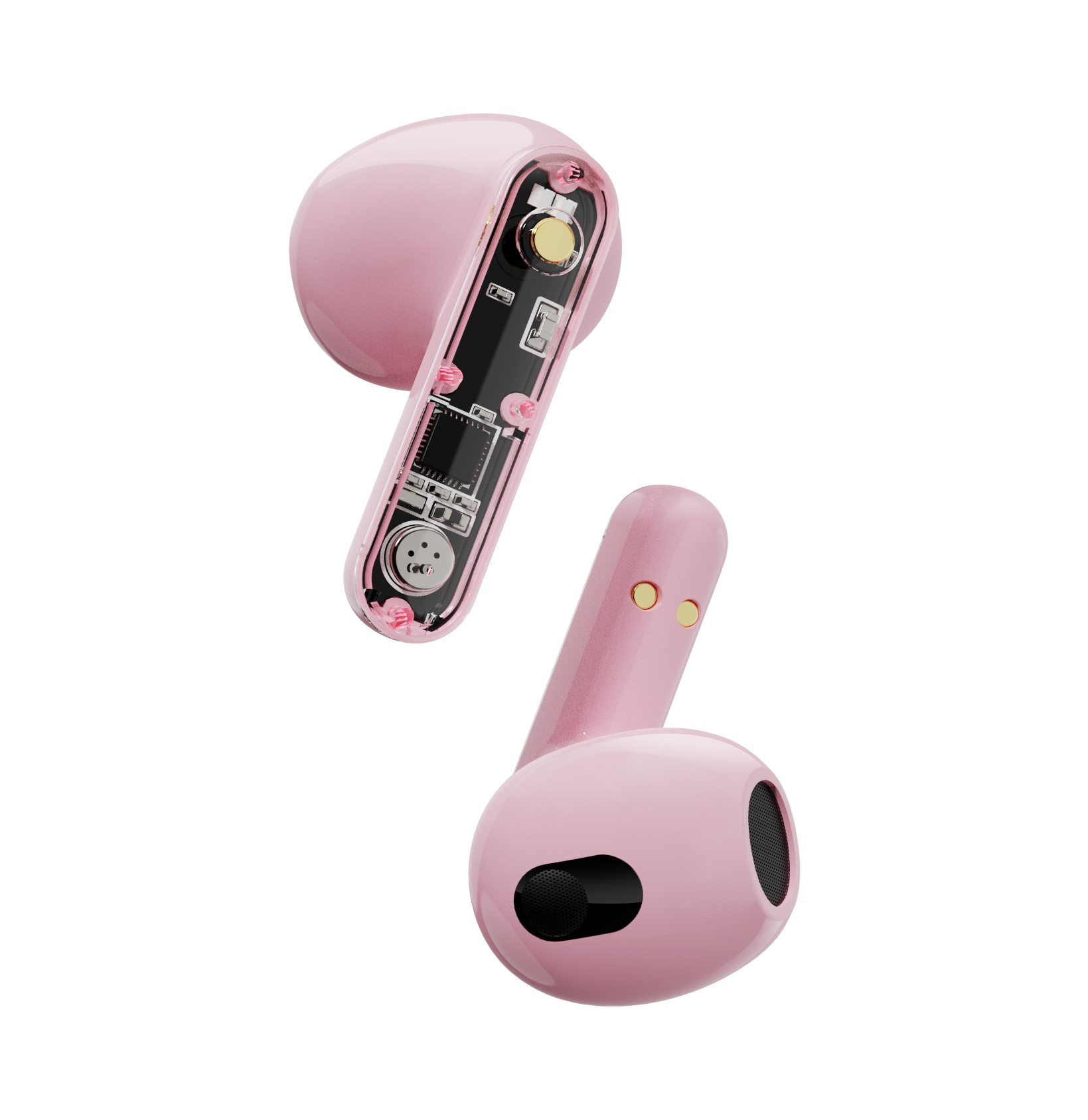 Auricolari wireless rosa su sfondo bianco. Uno è smontato.