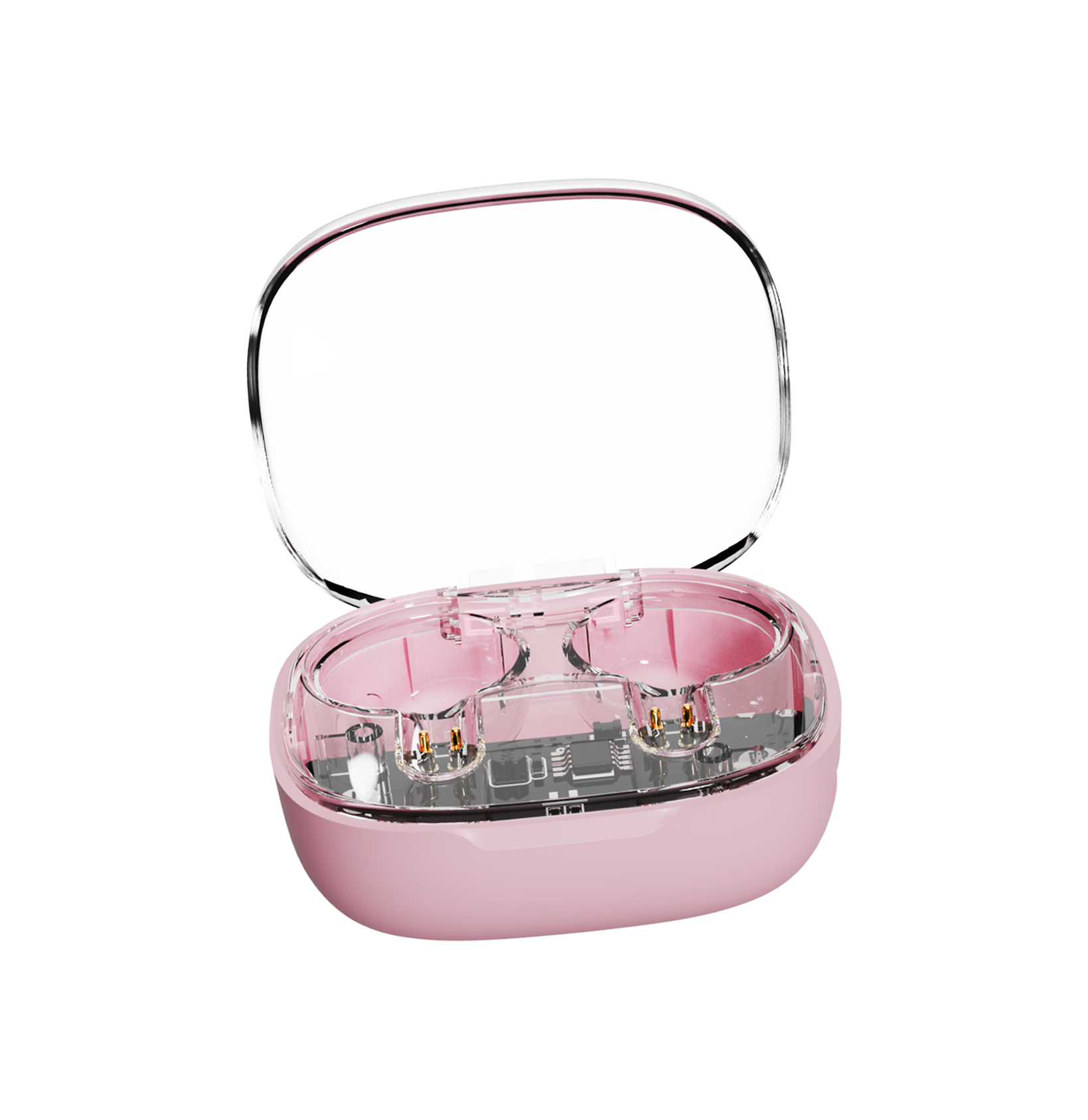 Custodia di ricarica rosa con coperchio aperto. Due auricolari, rosa. Sfondo bianco.