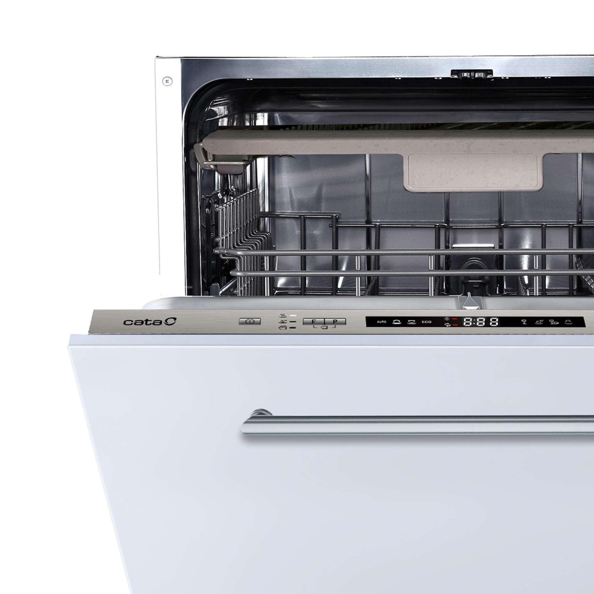 Lavavajillas blanco con puerta abierta, manija de acero inoxidable y panel de control.