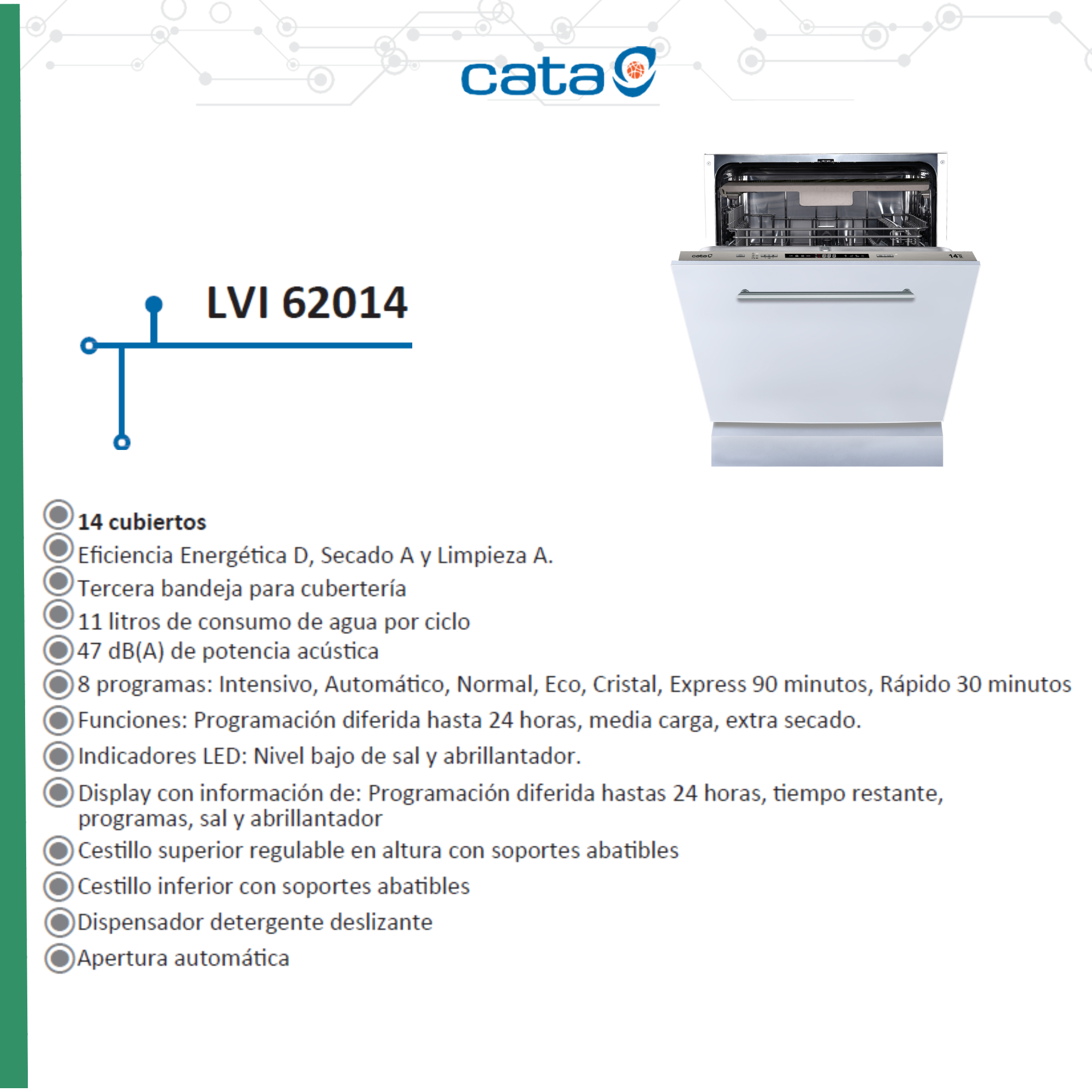 Un lavavajillas Cata blanco con texto e iconos, mostrando especificaciones y características.