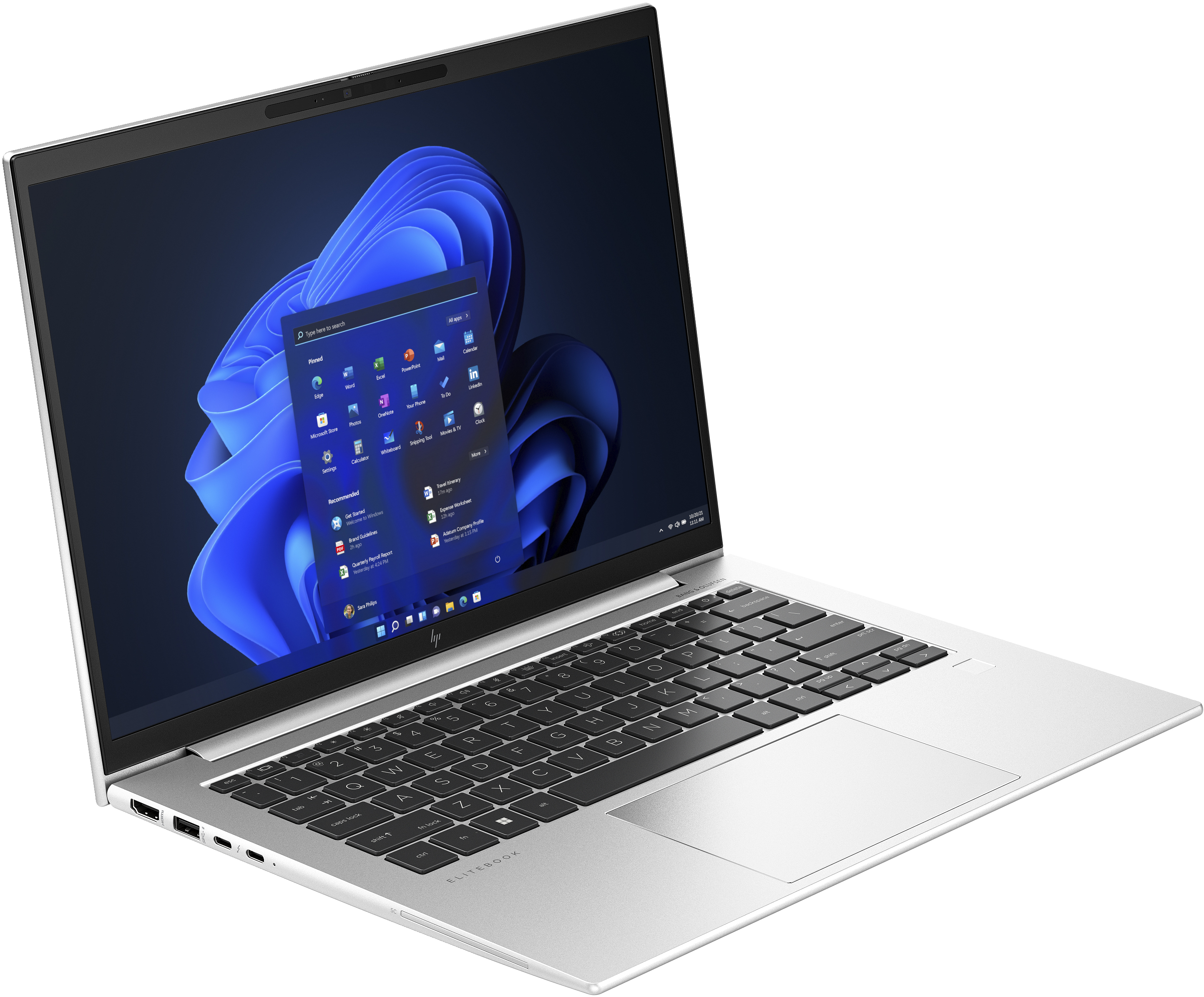 Silberner Laptop auf weißer Oberfläche. Der Bildschirm zeigt ein Windows-Startmenü mit App-Symbolen.