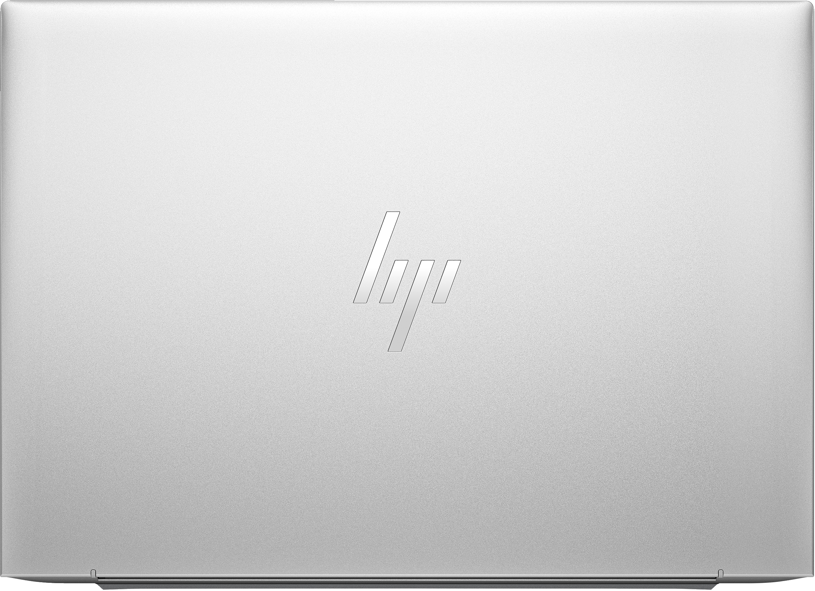 Srebrny laptop z logo HP na tylnej obudowie, widok z góry na białym tle.