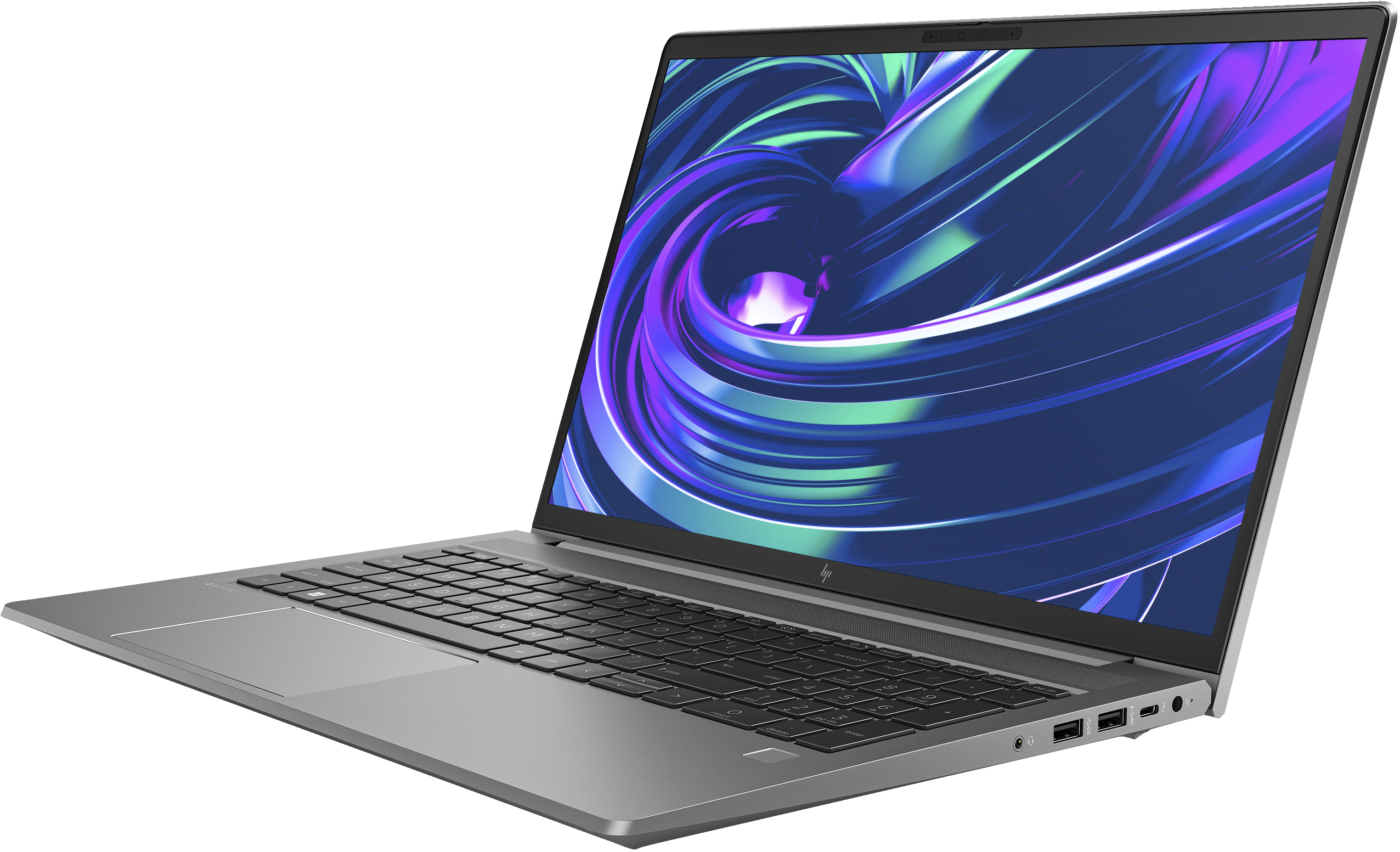 Laptop argentato aperto. Il display mostra un design astratto blu, viola e bianco. Sfondo bianco.