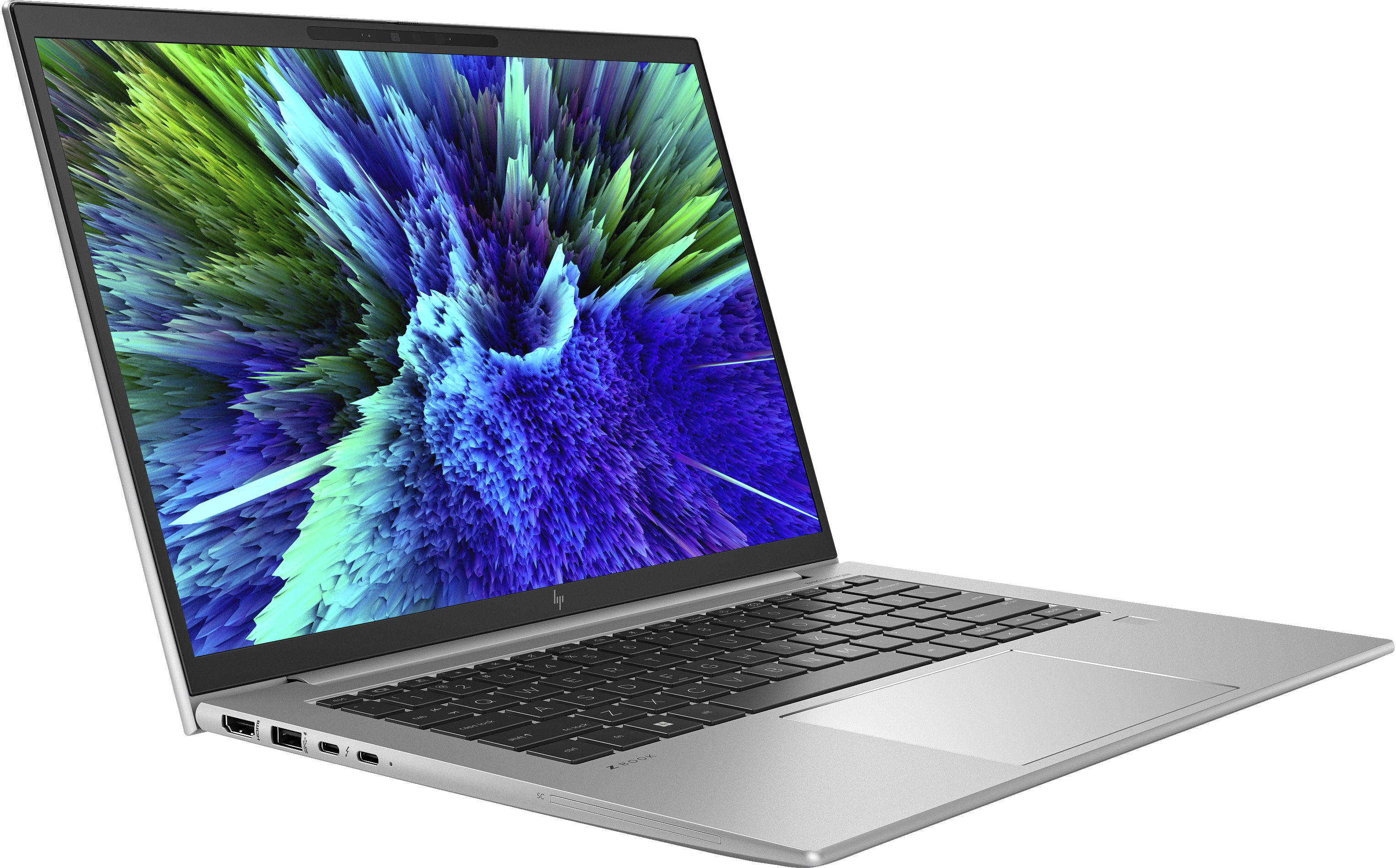 Zilveren laptop op wit met een kleurrijk abstract scherm.