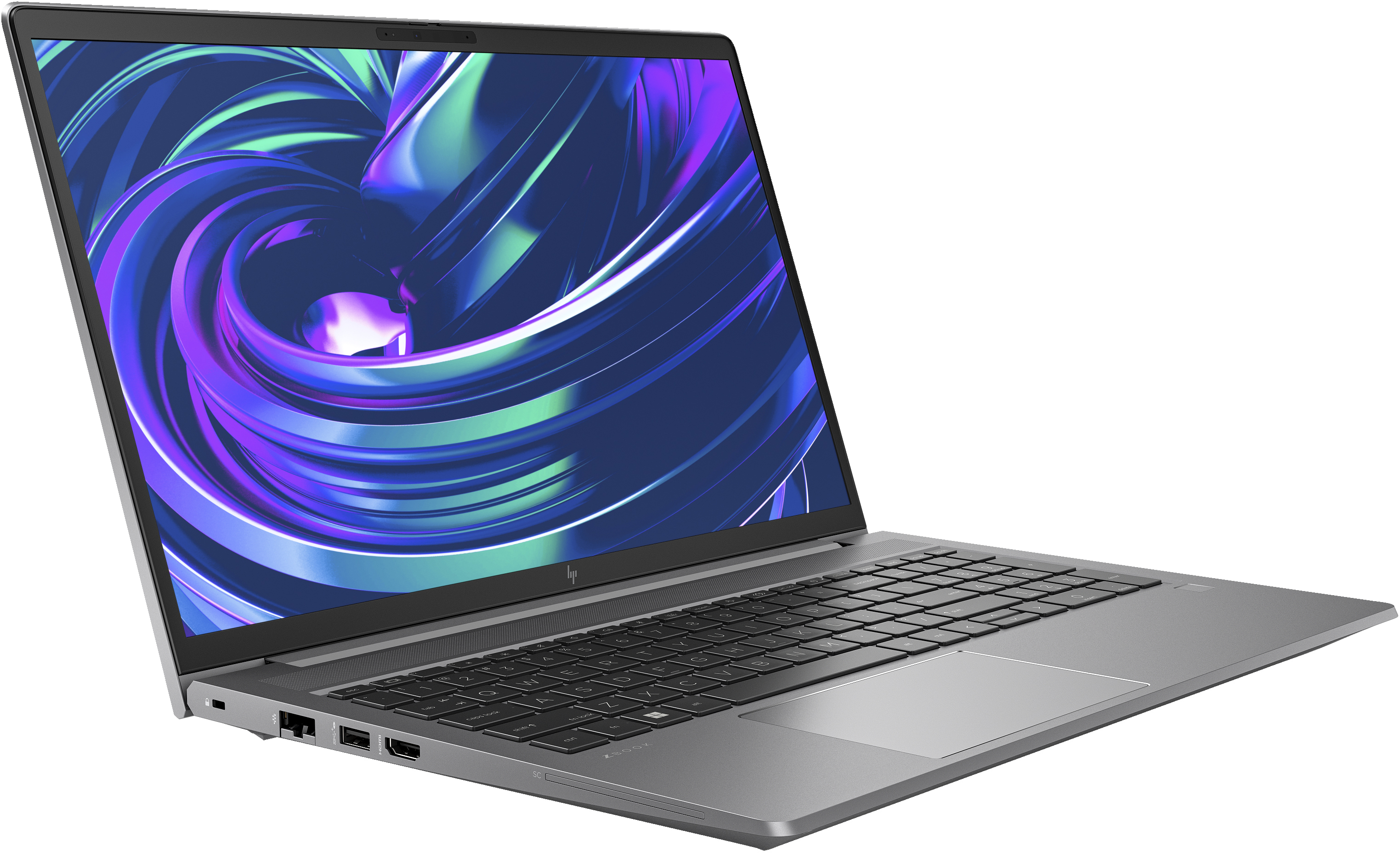Laptop grigio, aperto, con schermo colorato.