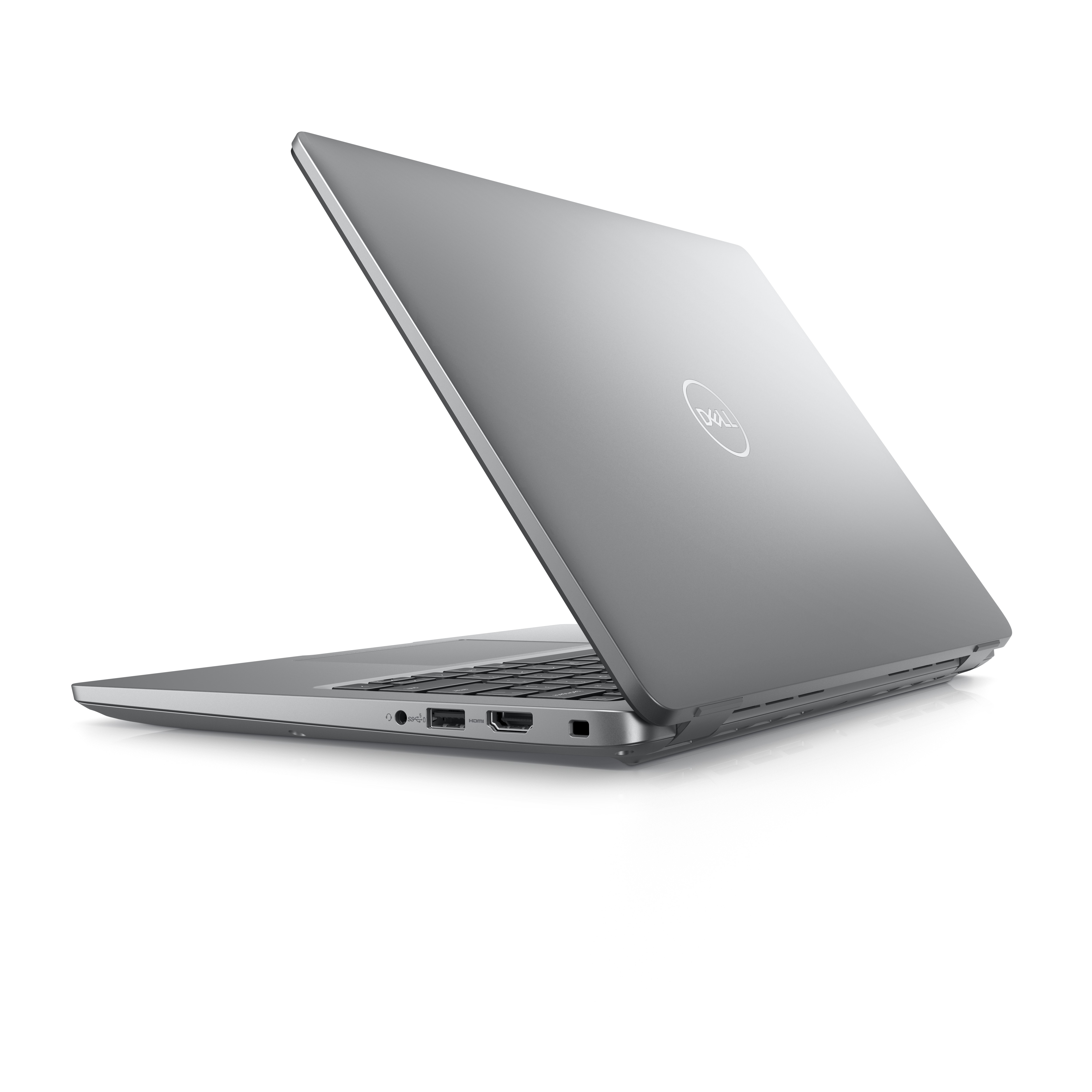 Silver laptop. White background.