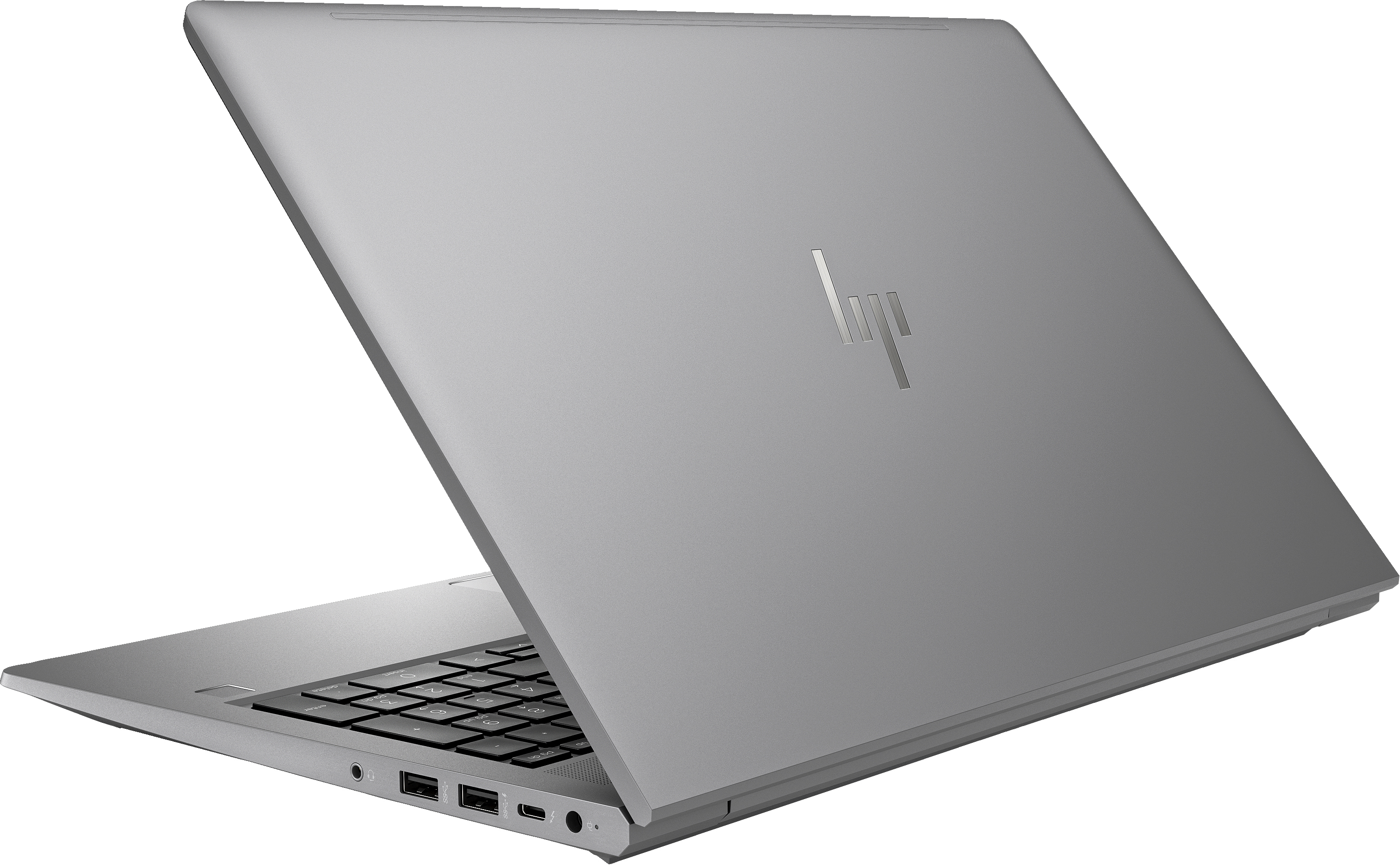 Un laptop argentato dal retro, che mostra il logo HP e lo schermo aperto.