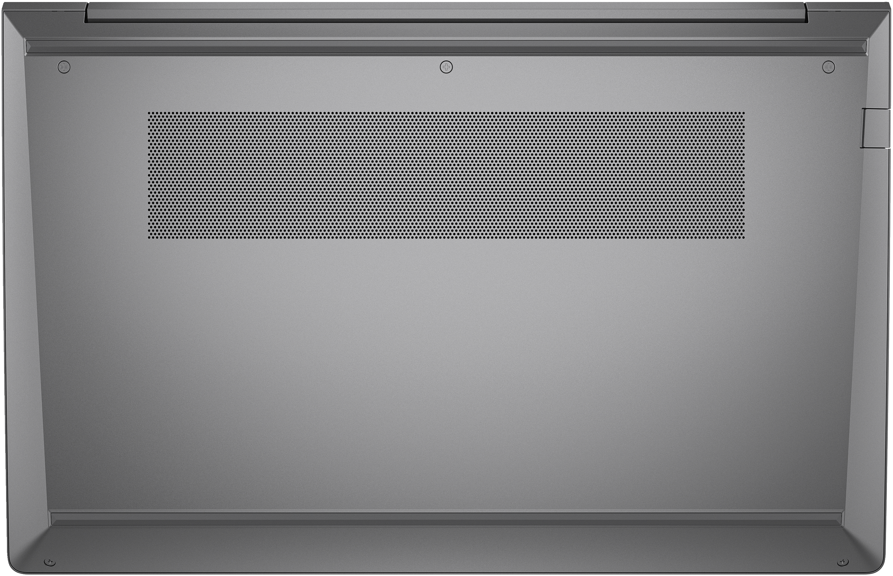 Vista inferiore di un laptop grigio con fori di ventilazione e viti.
