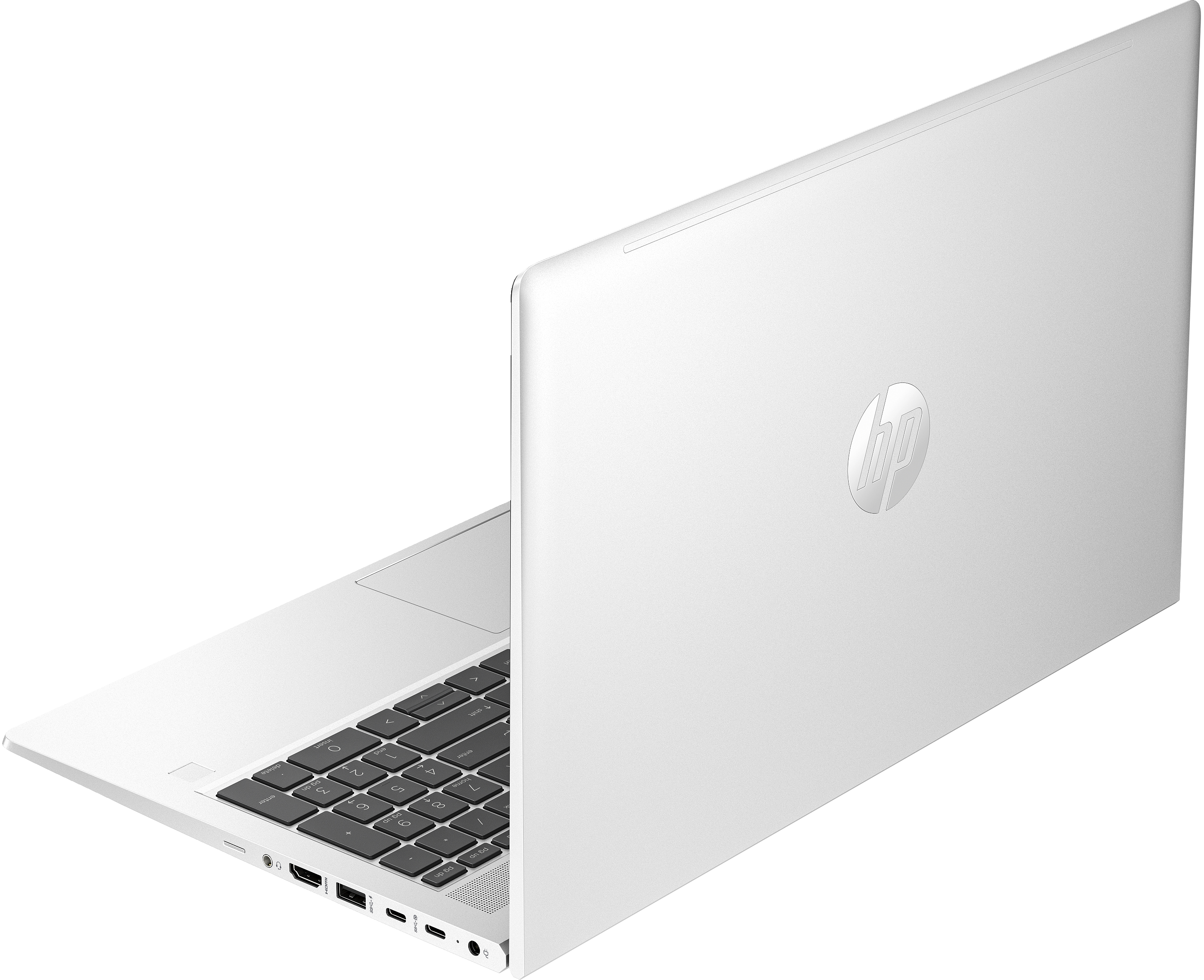 Biały laptop z tyłu, z otwartą pokrywą i srebrnym logo HP.