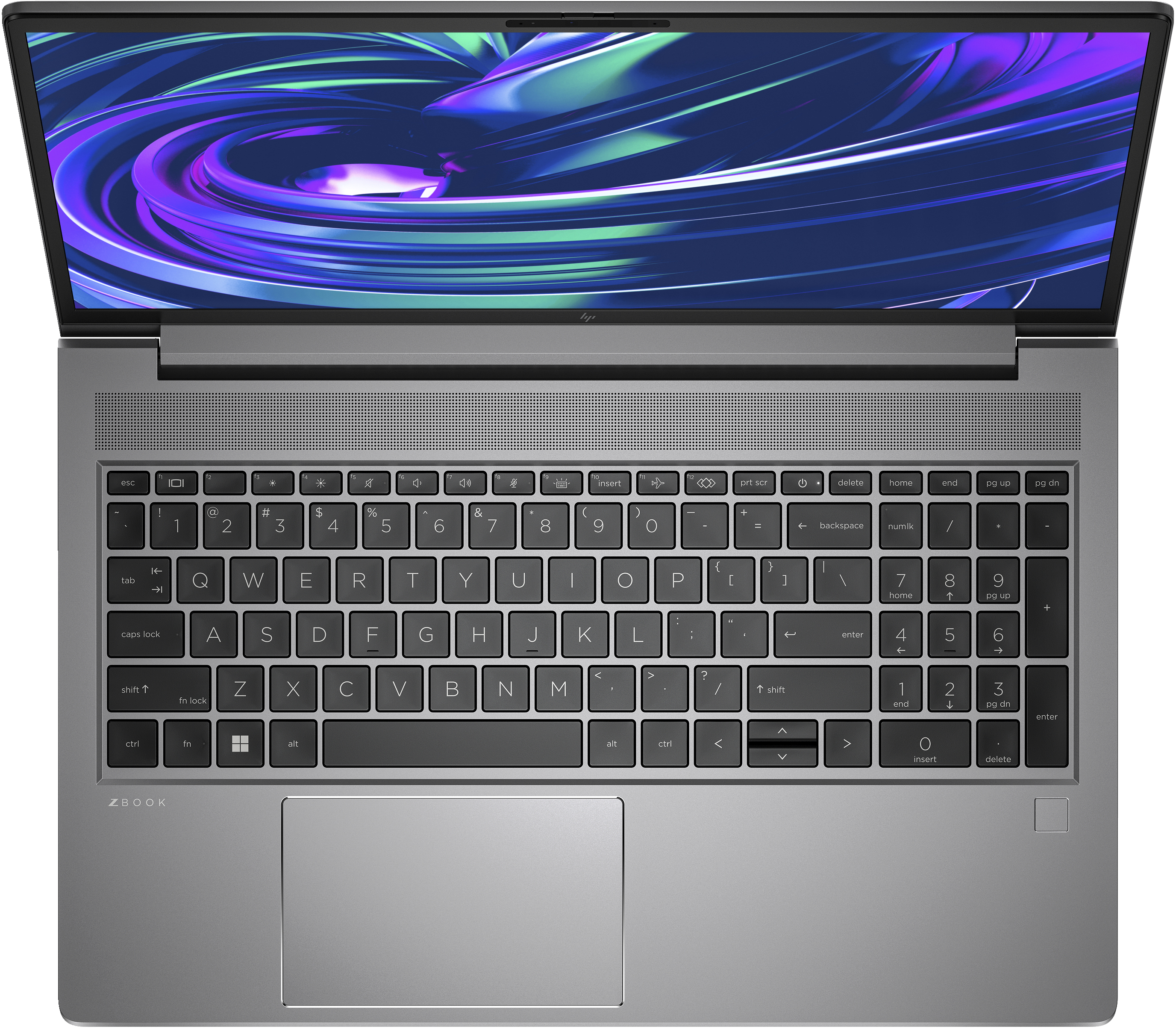 Vista dall'alto di un laptop grigio con tastiera e touchpad. Lo schermo mostra un design astratto blu e viola.