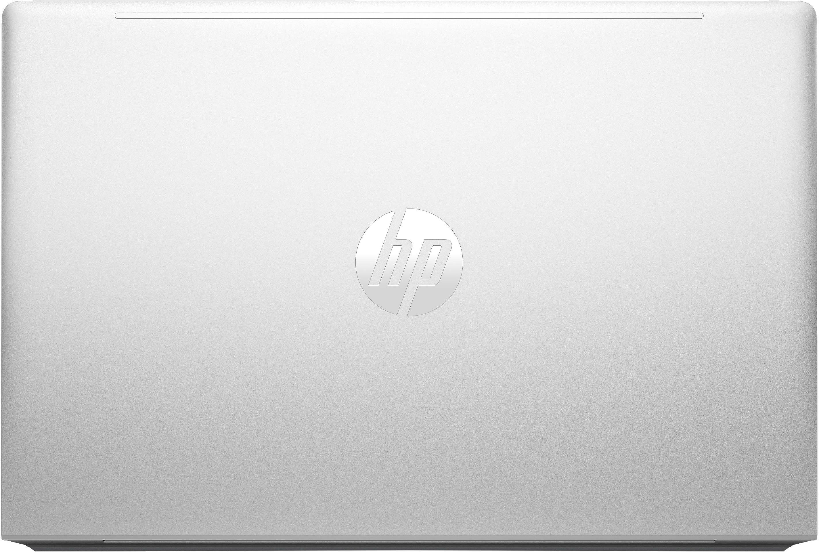 Tapa de portátil HP plateada con el logotipo de HP.