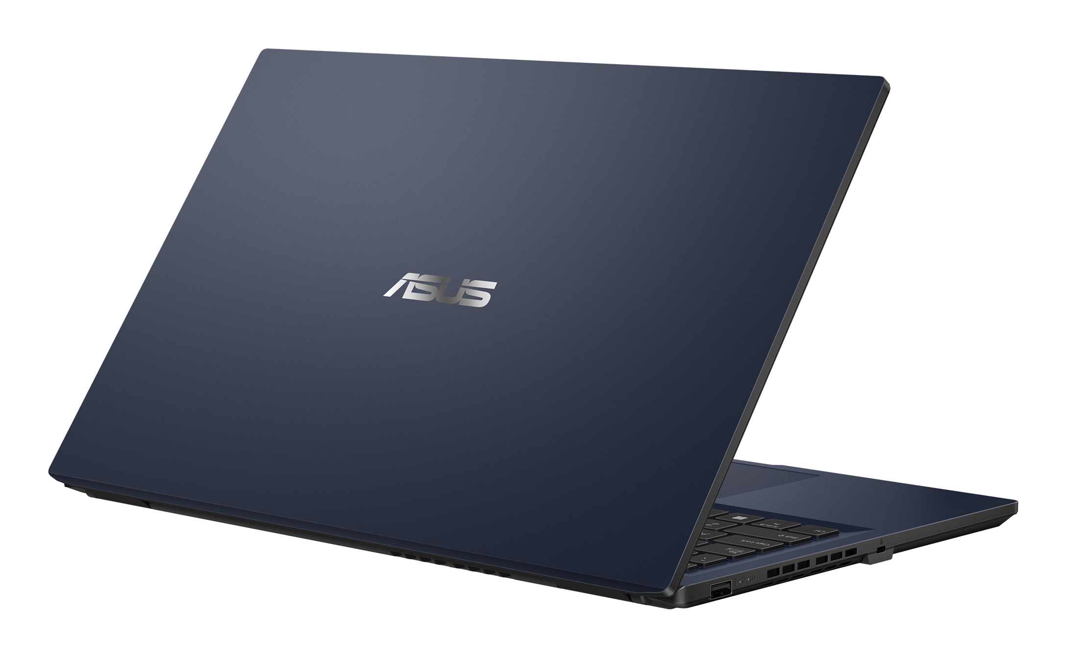 Laptop blu scuro con il logo ASUS. Il laptop è angolato, mostra il coperchio e parte della base.