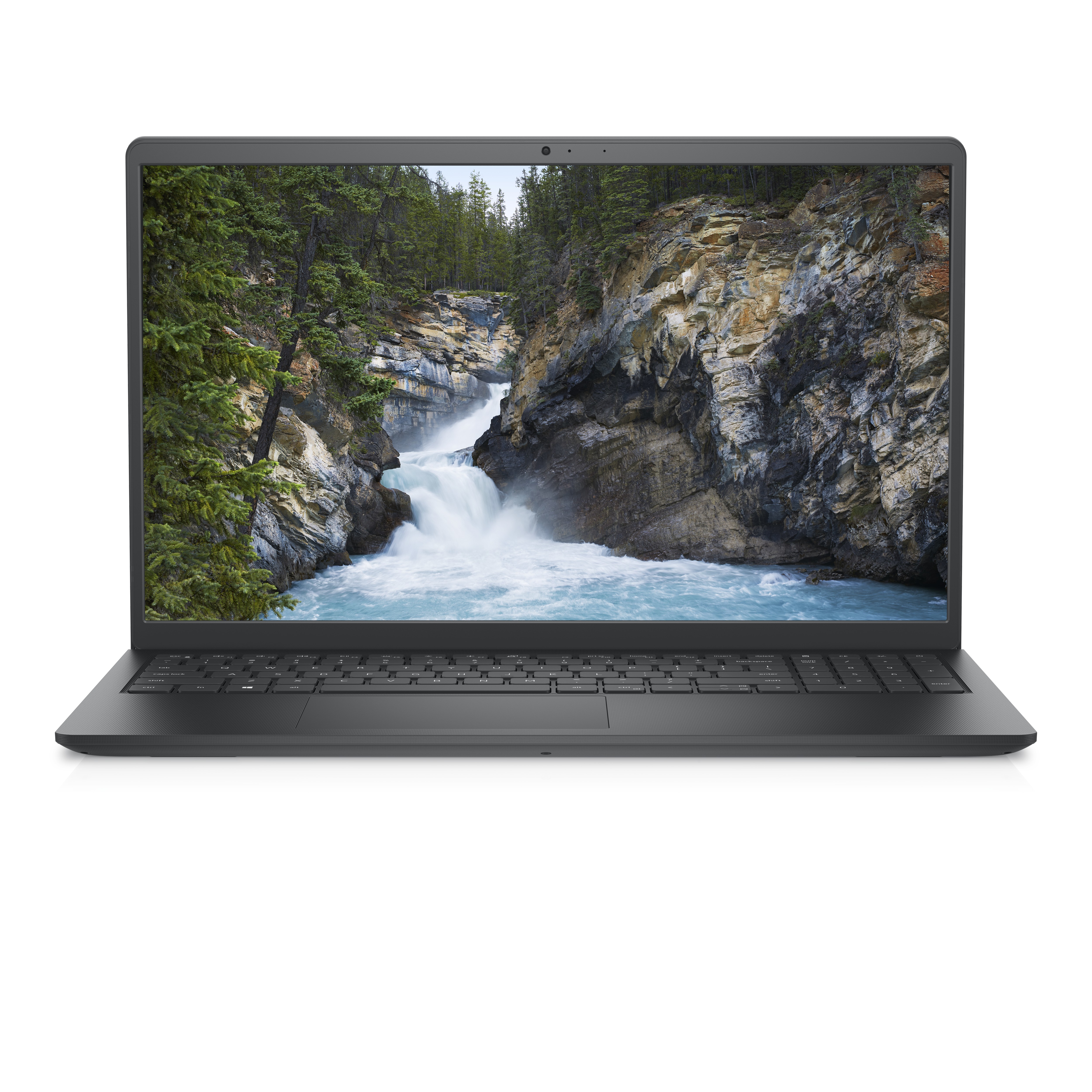A laptop displaying a waterfall scene in a forest. The laptop is open and silver-grey. The background is white.