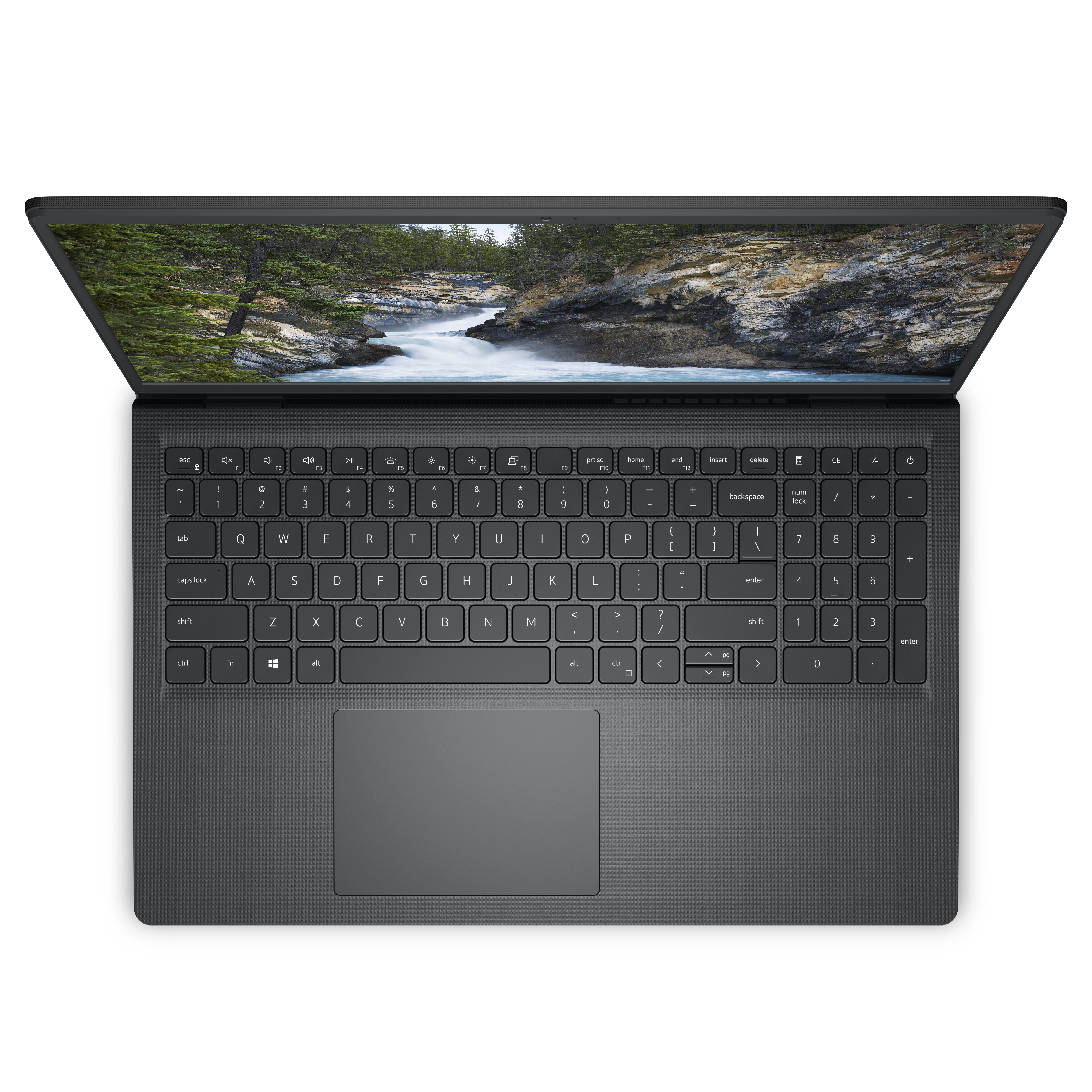 Black laptop keyboard with a screen showing a landscape. White background.