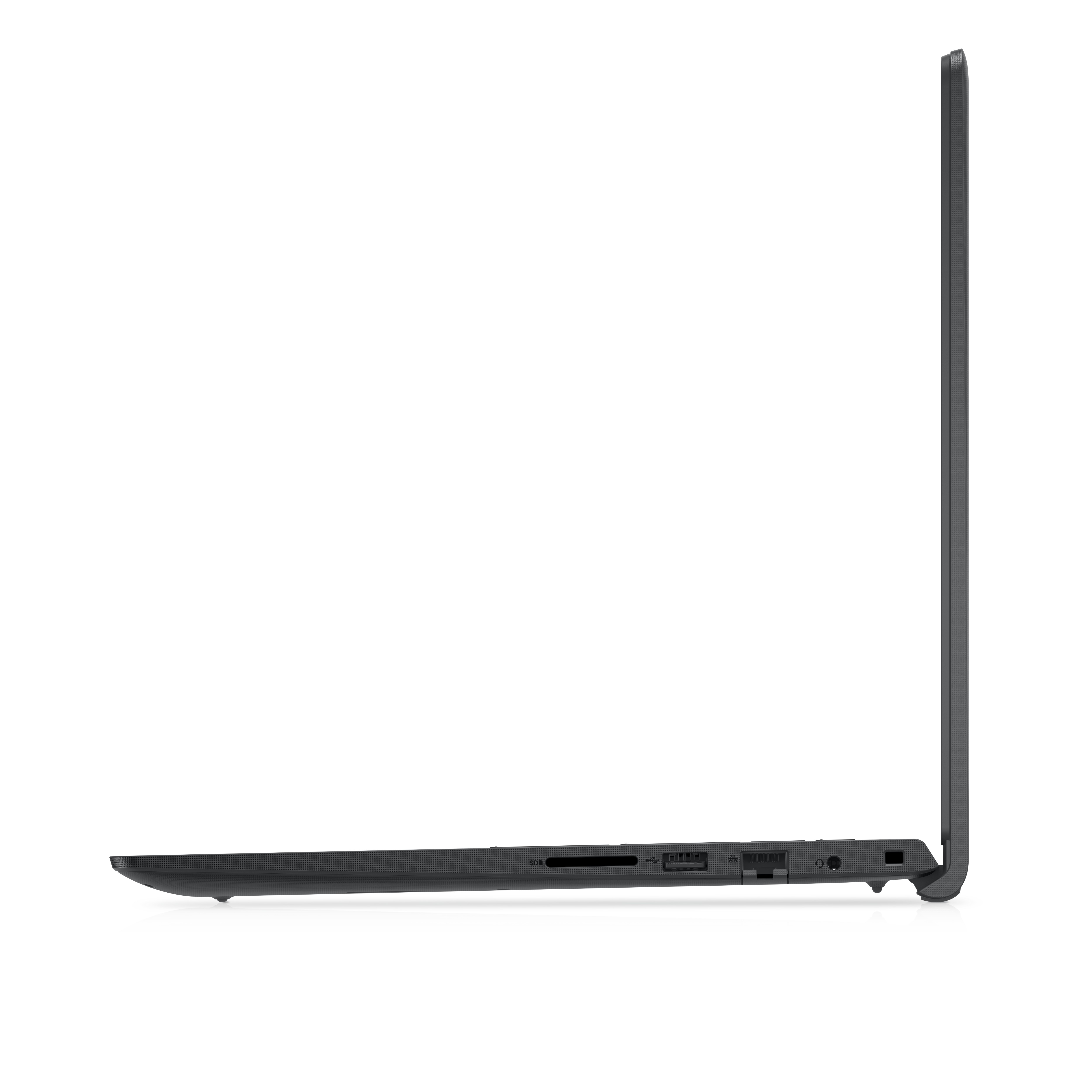 Vista laterale di un laptop scuro con porte e uno schermo. È su sfondo bianco.