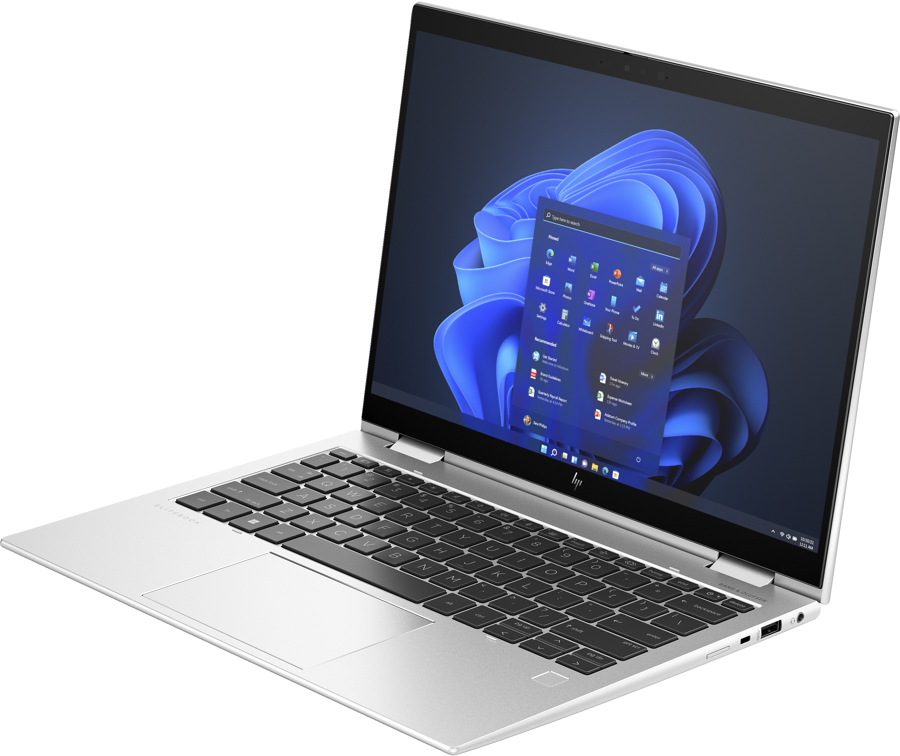 Silver laptop open, displaying a Windows interface, set against a white background.