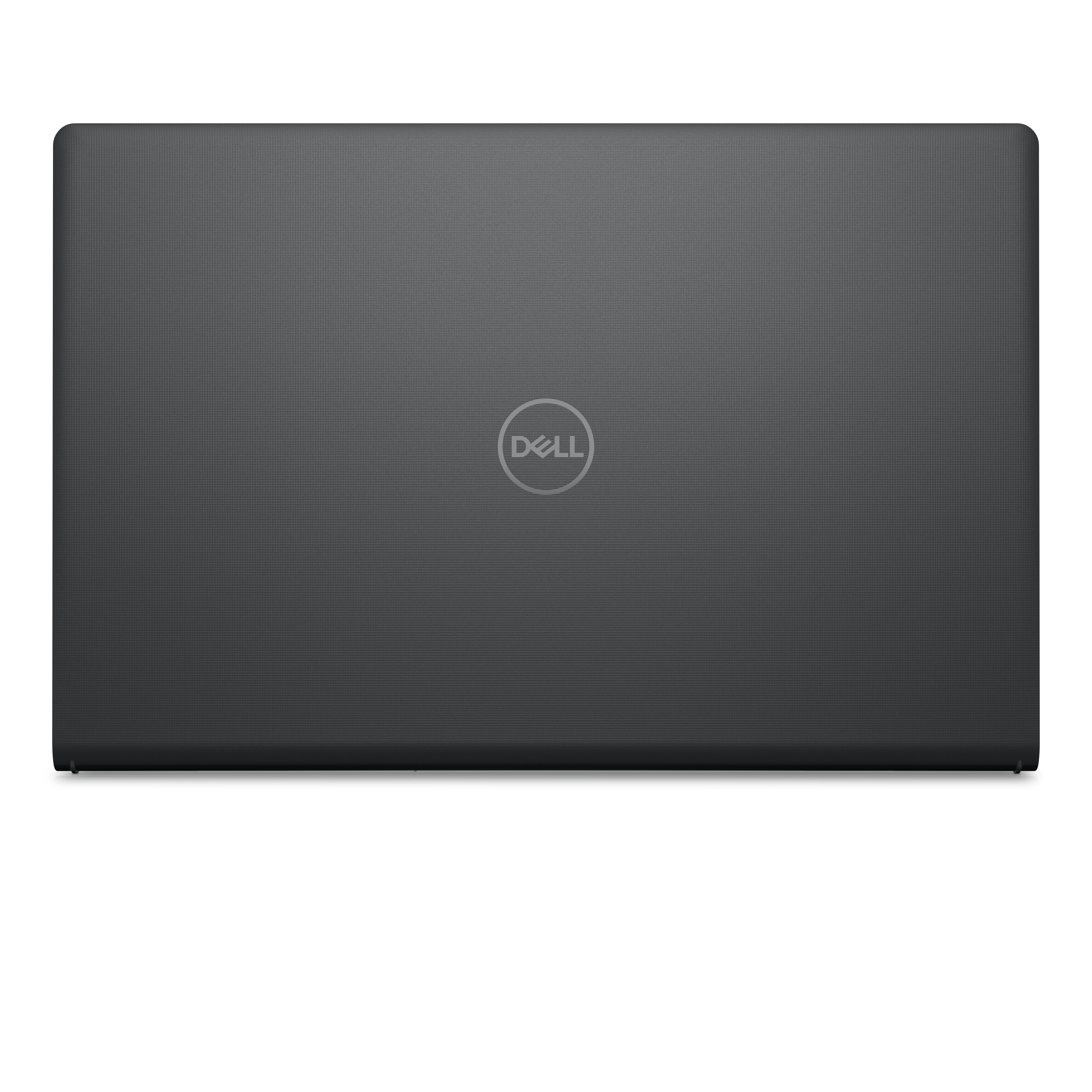 Coperchio per laptop grigio scuro con logo Dell sul retro. Sfondo bianco.