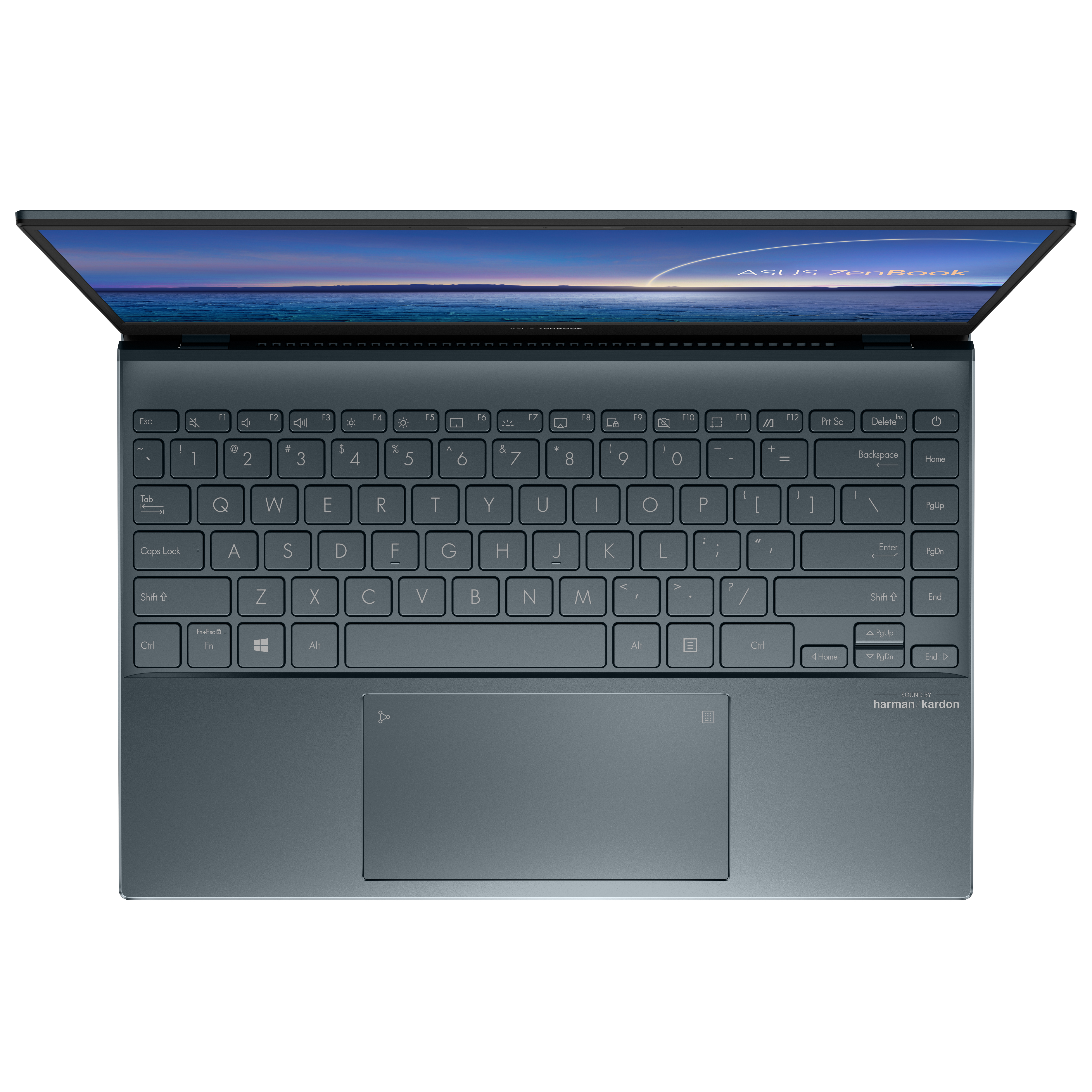 Vista dall'alto di un laptop ASUS Zenbook verde acqua, aperto, che mostra tastiera e schermo.