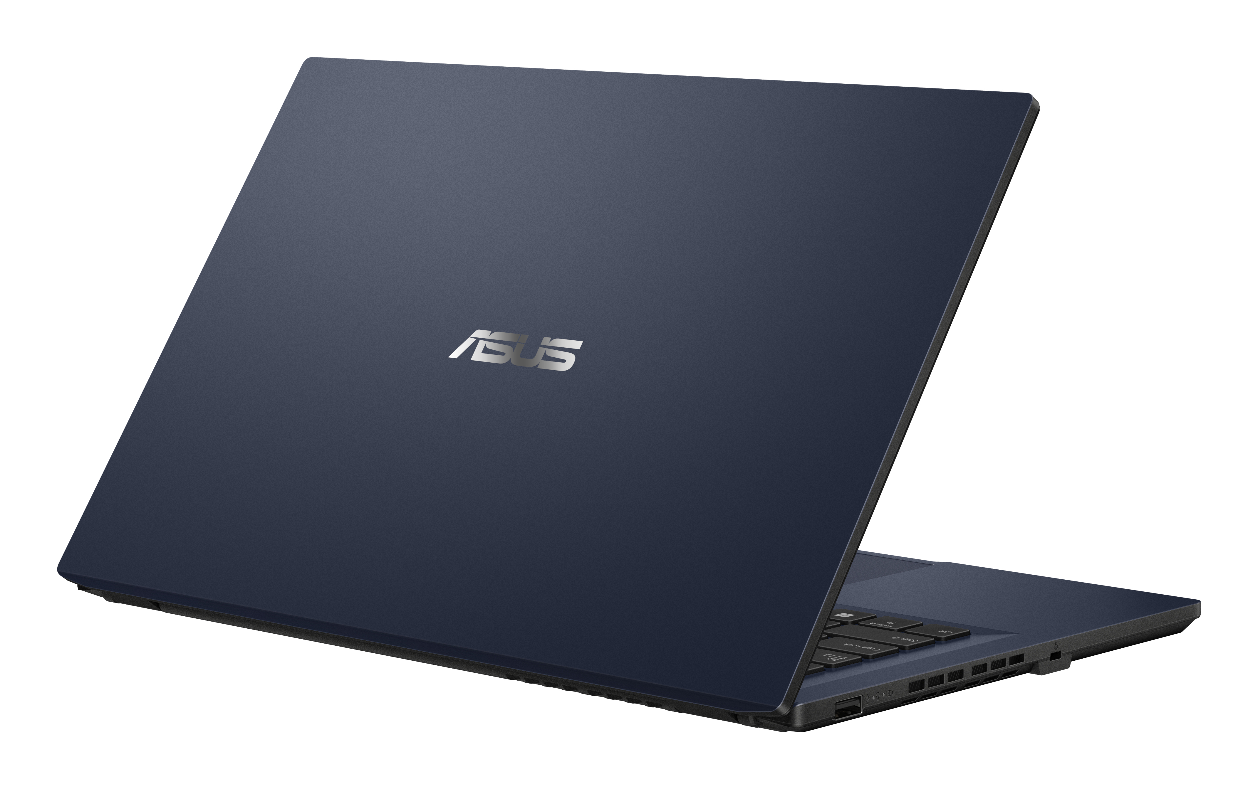 Portátil azul oscuro, cerrado, con logo ASUS en la parte trasera.