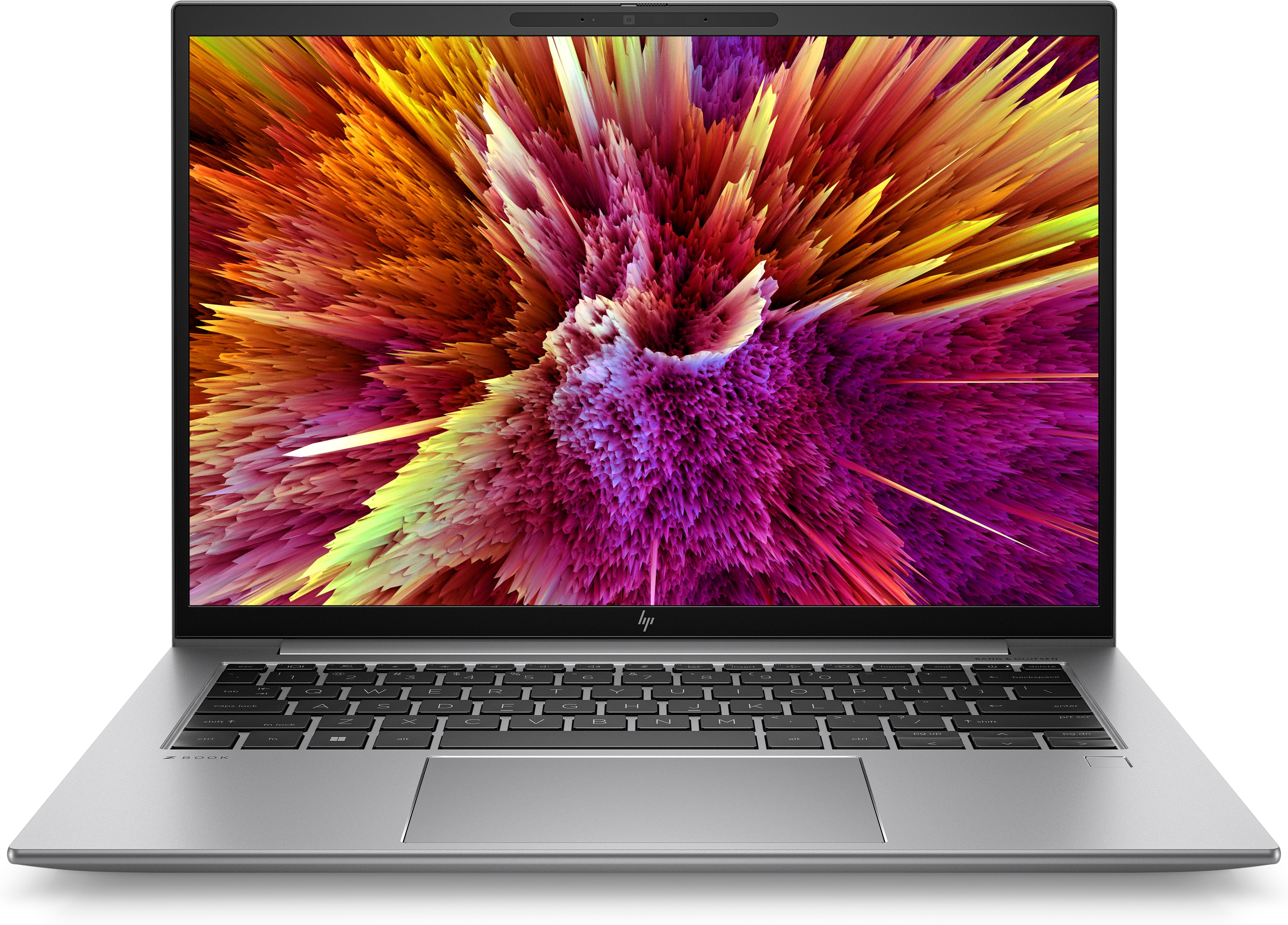 Pantalla de portátil plateado con gráfico de explosión colorida, fondo blanco.