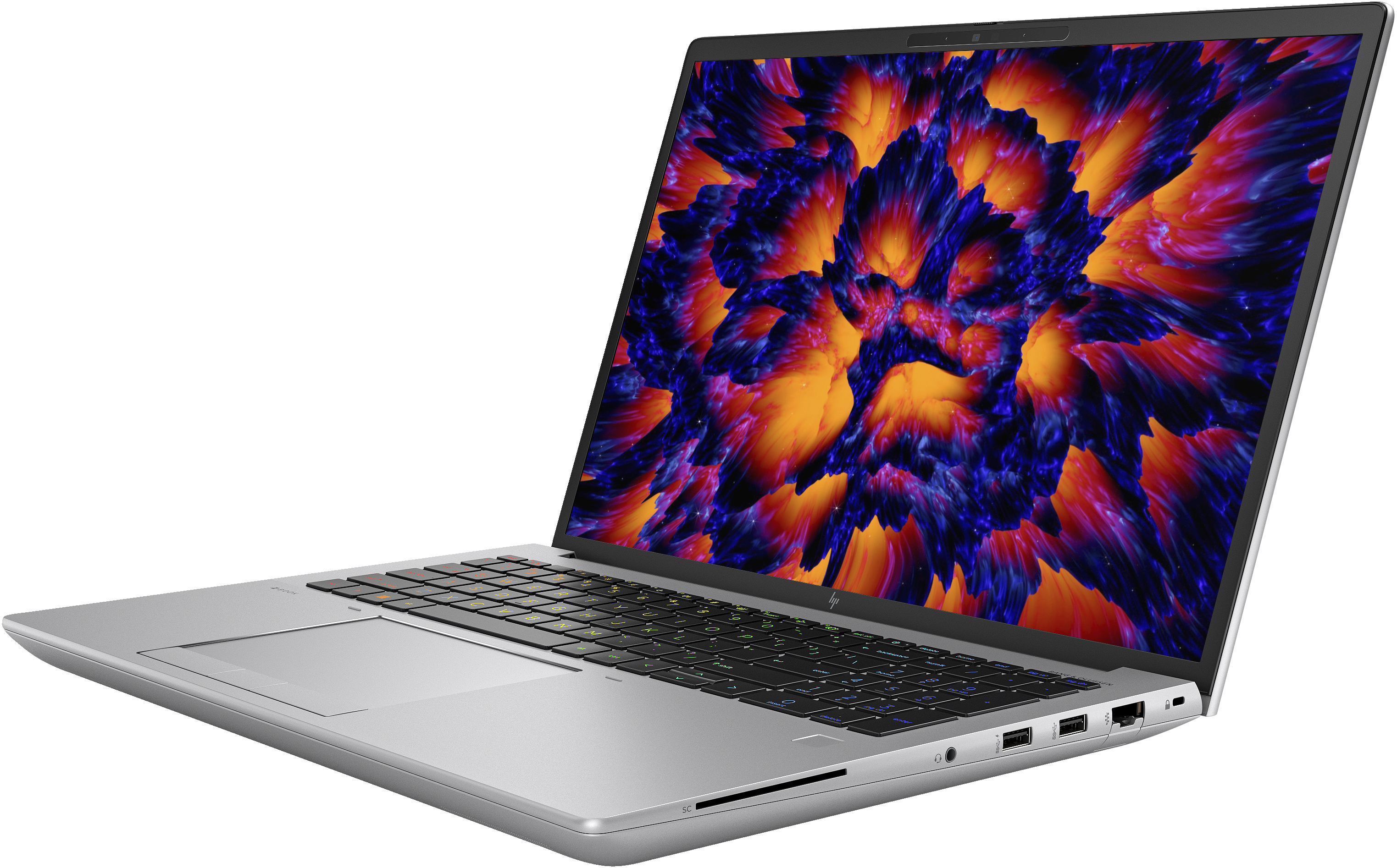 Laptop argentato con schermo colorato. Il laptop è su sfondo bianco. Vista laterale.