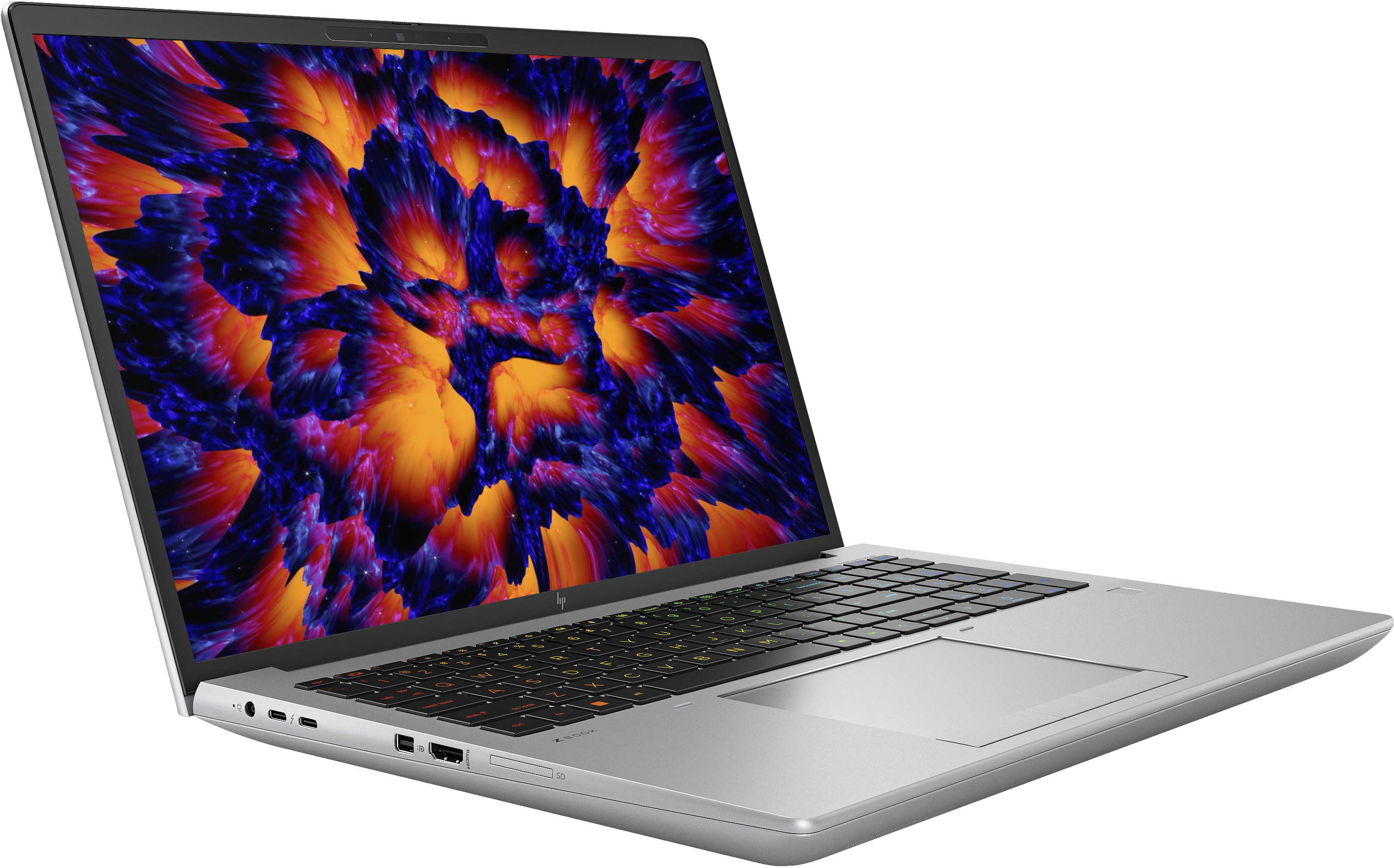 Laptop argentato con schermo colorato e tastiera illuminata.