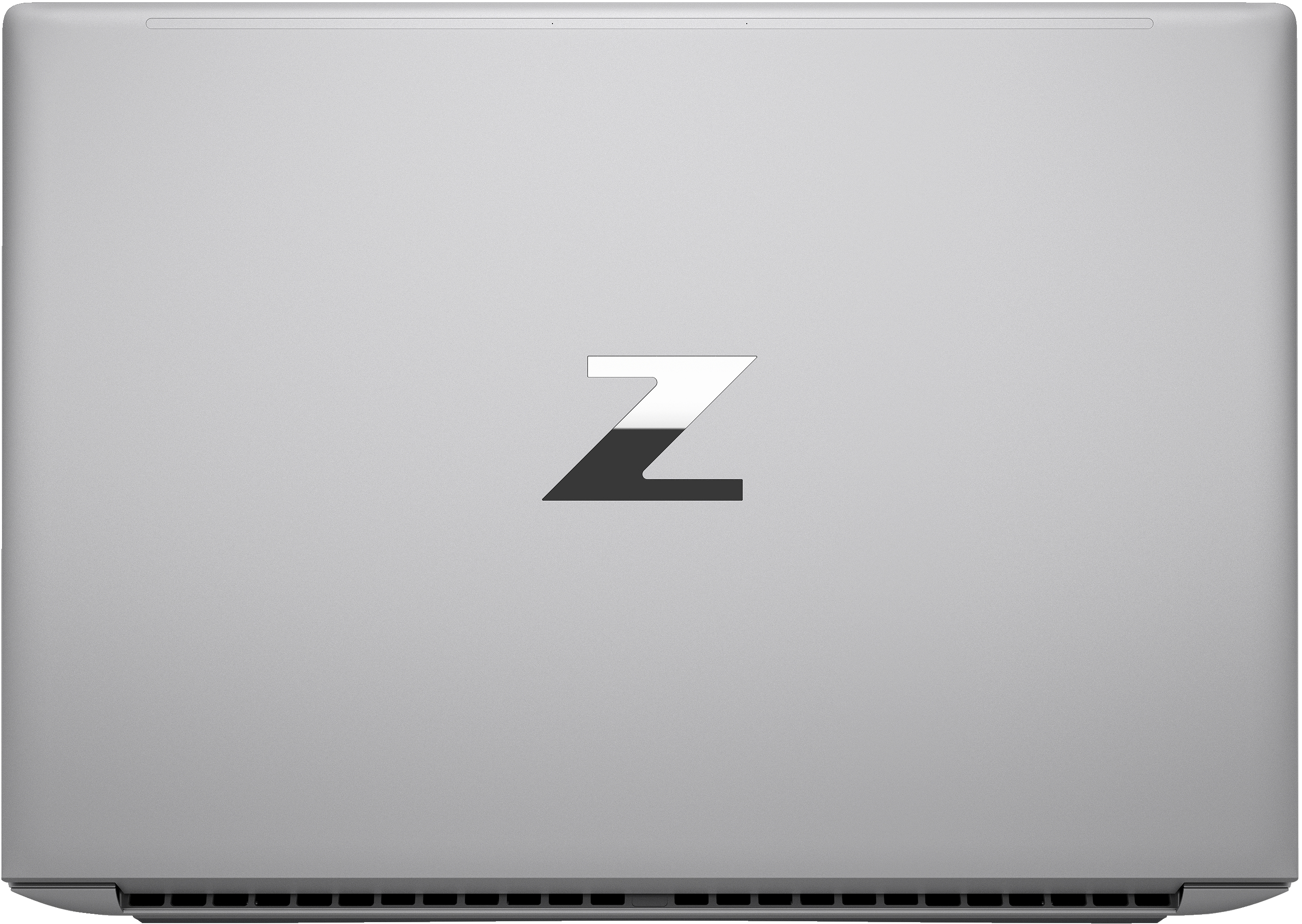 Laptop argento, chiuso, vista dall'alto su sfondo bianco, con logo Z.