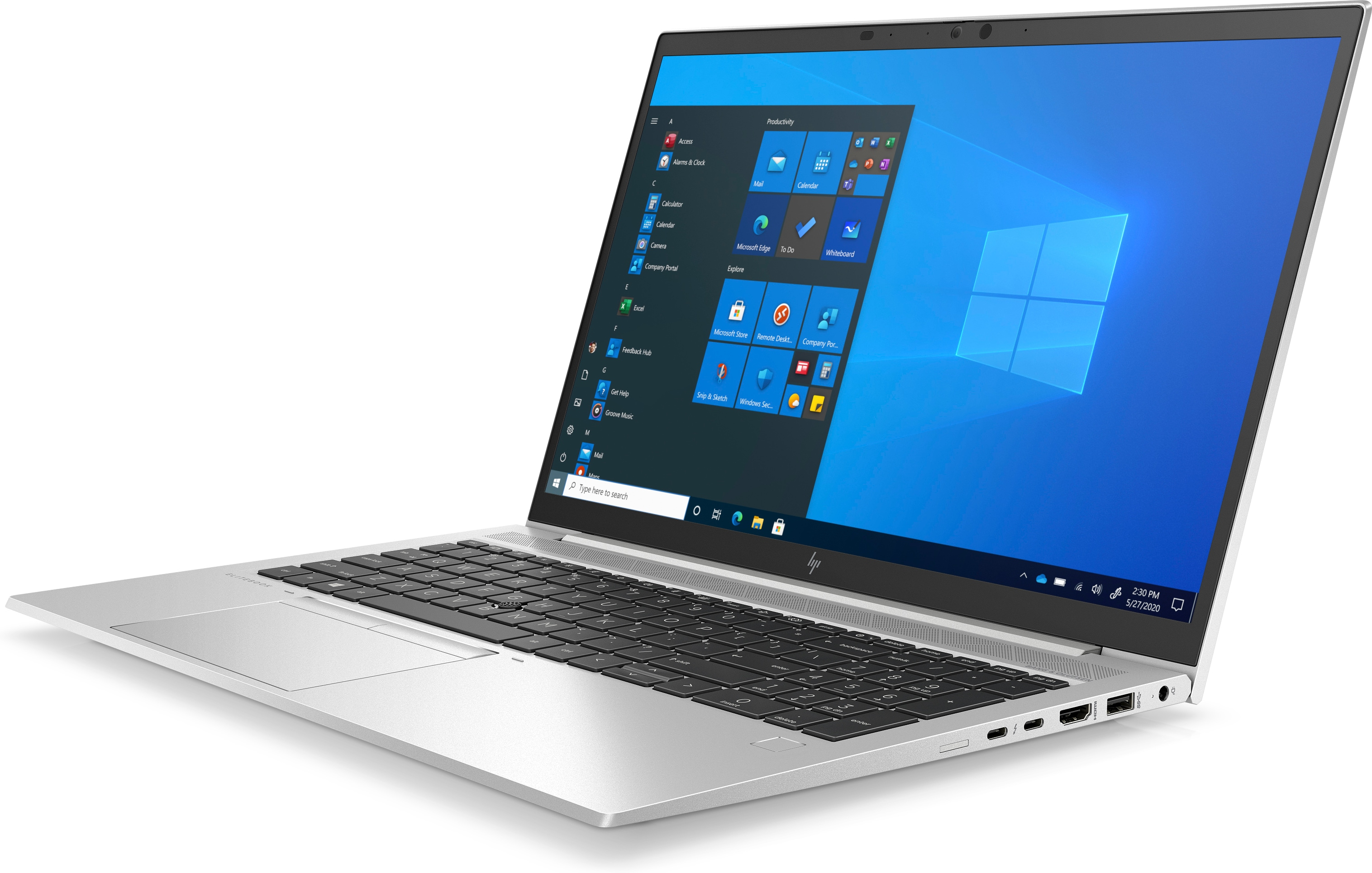 Zilveren laptop op een wit oppervlak met een blauw scherm, Windows weergegeven.