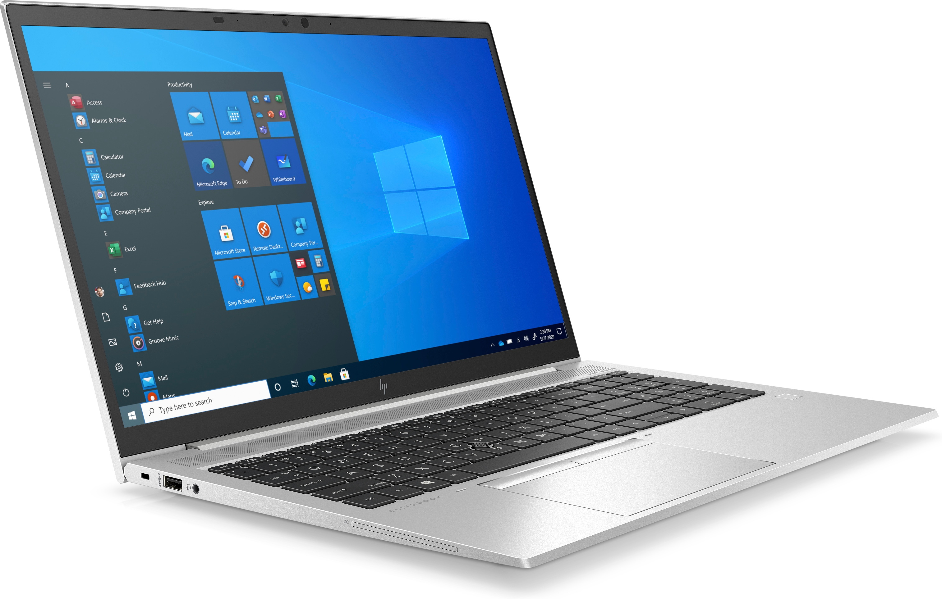 Zilveren laptop open op witte achtergrond. Toont toetsenbord en scherm met Windows-interface.