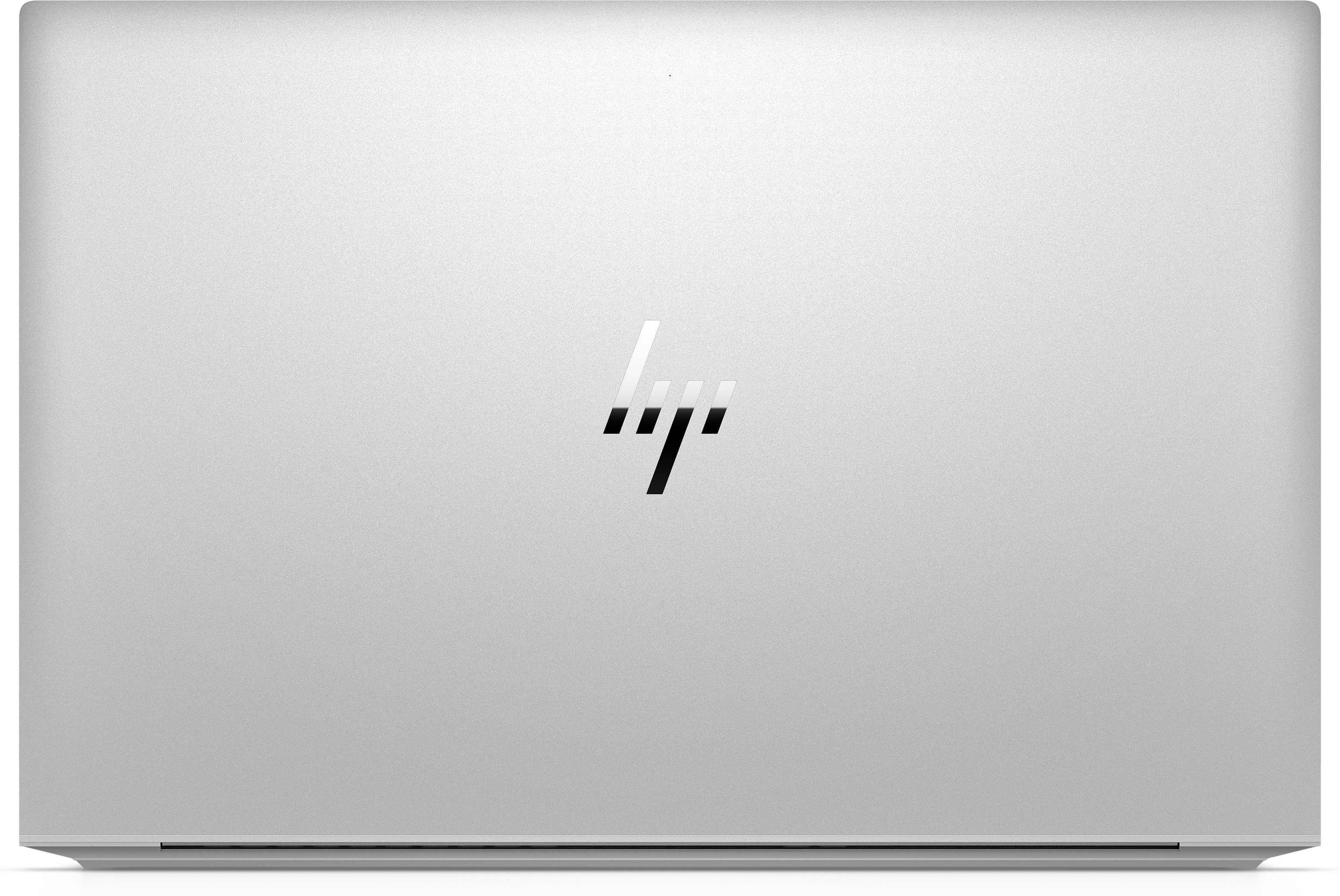 A silver laptop with the HP logo, closed and viewed from the back.