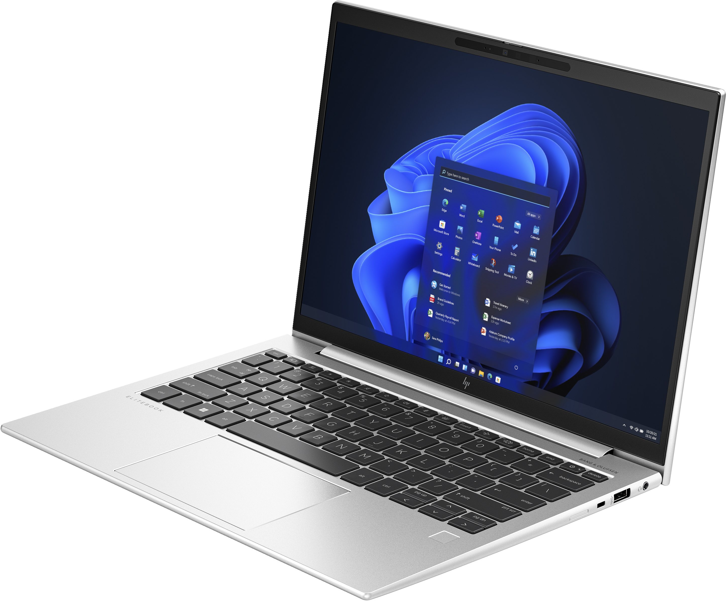 Silver HP laptop with a black keyboard and a Windows 11 display open.