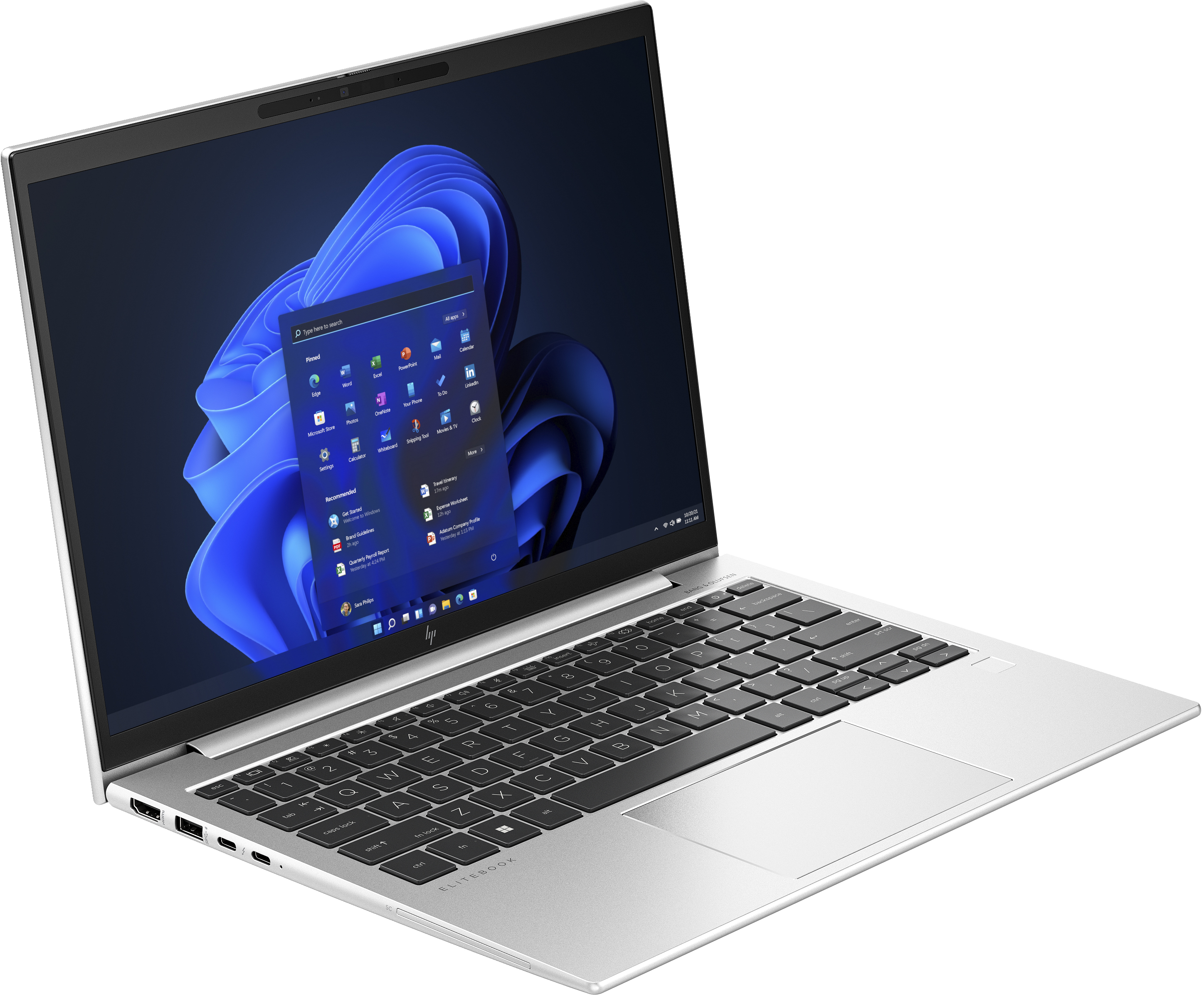 Ein silberner Laptop in einem Winkel, der Bildschirm zeigt die Windows 11-Oberfläche.