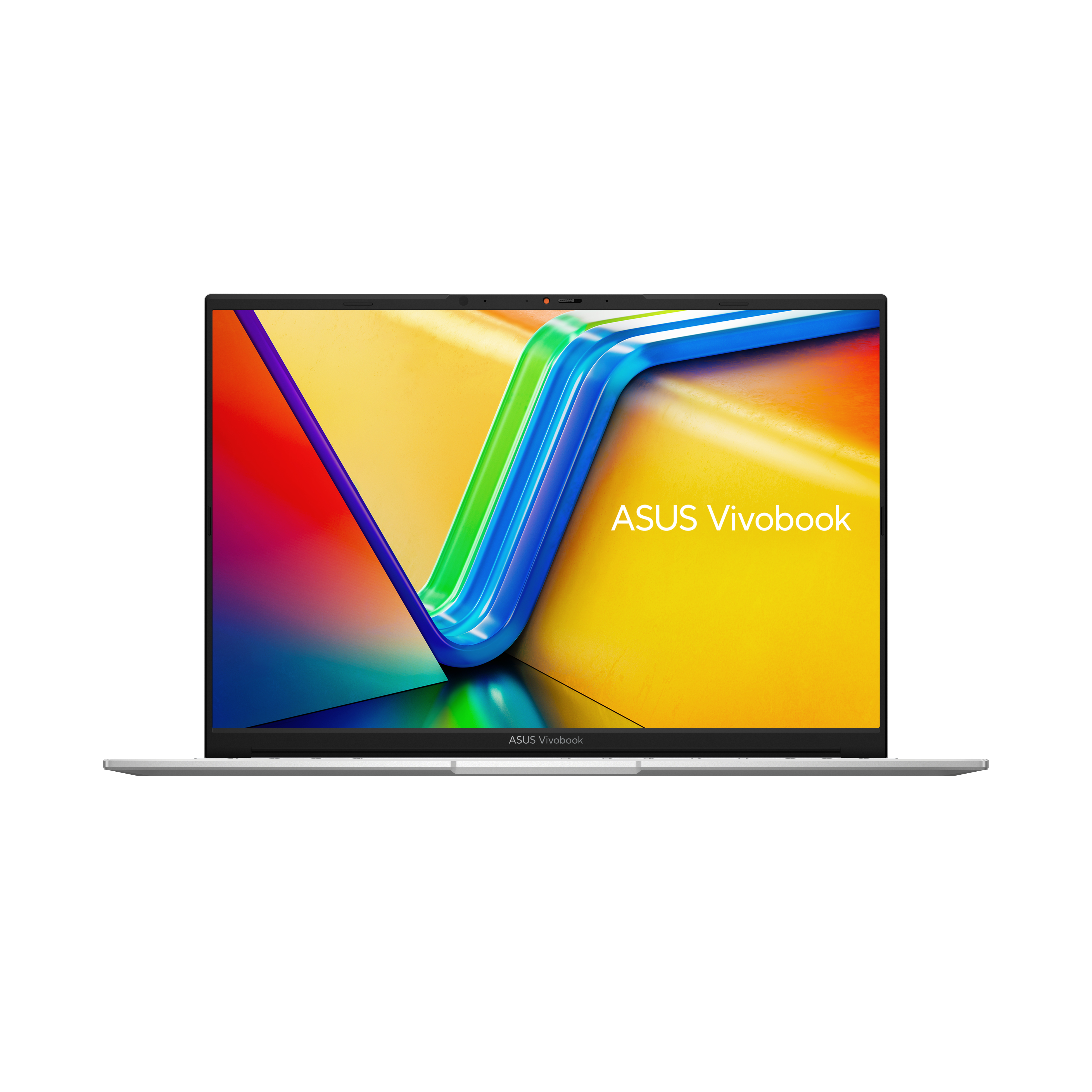 Laptop che mostra un arcobaleno colorato e 'ASUS Vivobook' sullo schermo. Sfondo bianco.