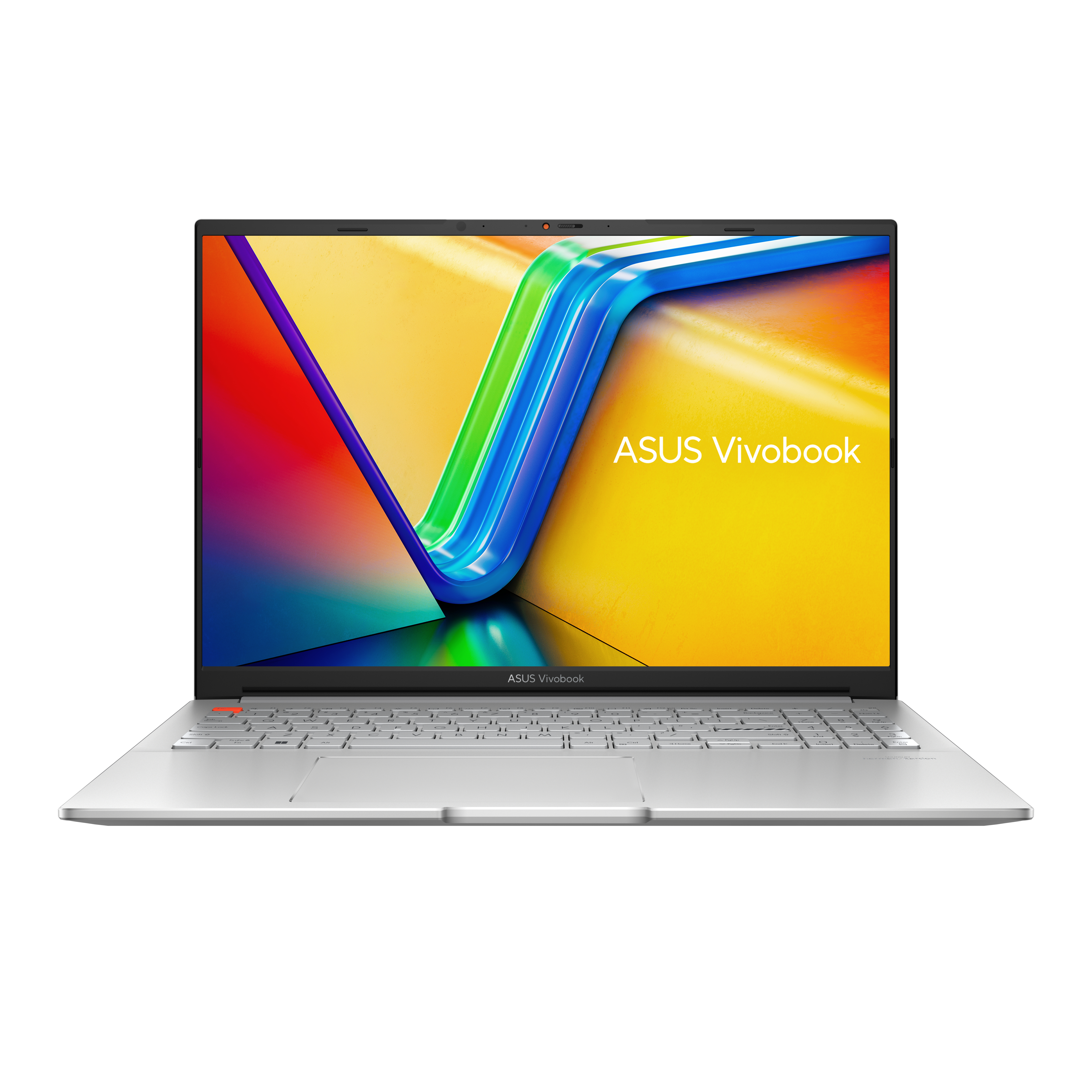 Un laptop ASUS Vivobook con uno schermo astratto colorato e il logo ASUS sullo schermo.