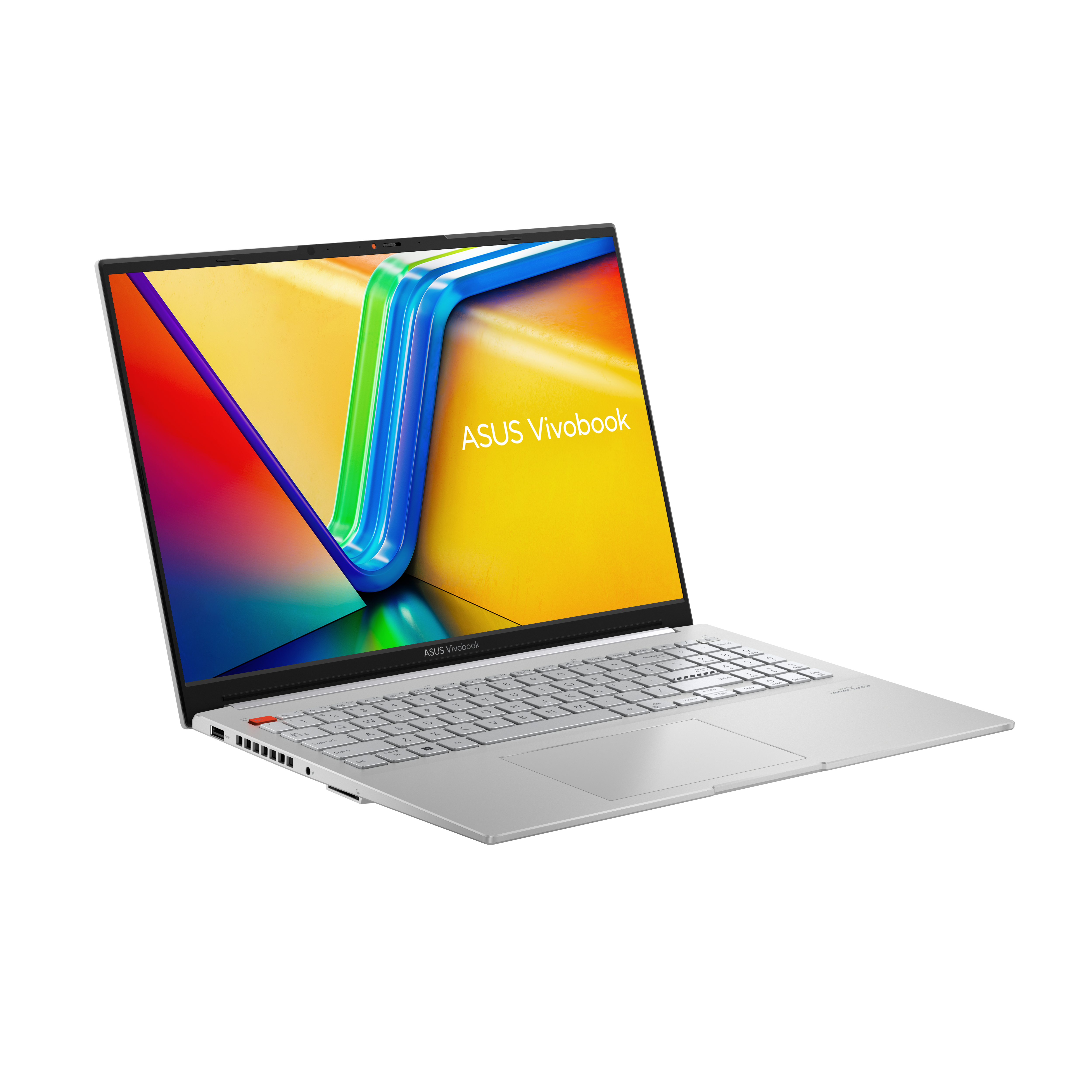 Laptop ASUS Vivobook argento aperto su una superficie bianca. Schermo colorato con logo ASUS Vivobook.