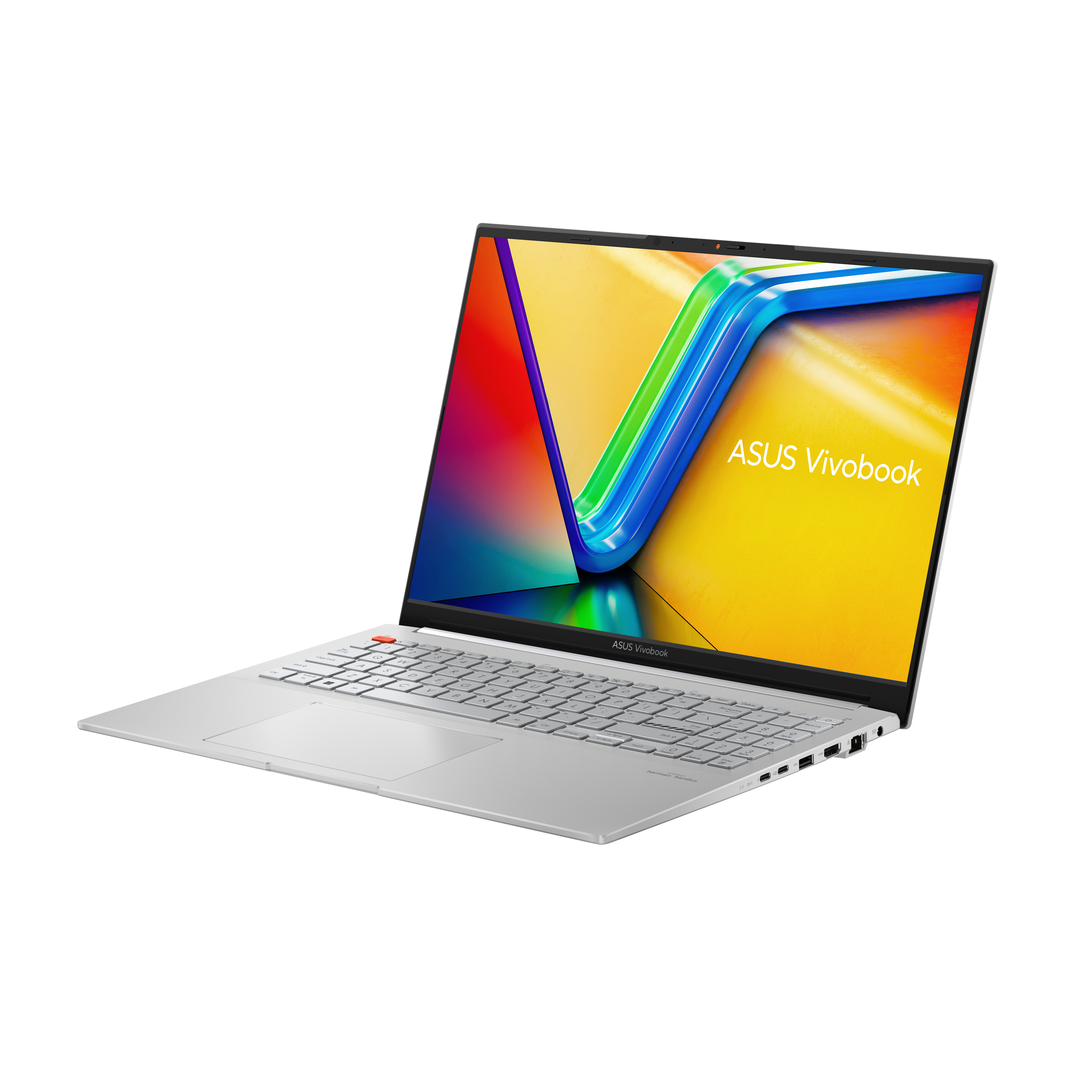 Laptop ASUS Vivobook argento, parzialmente aperto, su una superficie bianca, con schermo colorato. Logo ASUS Vivobook visibile.