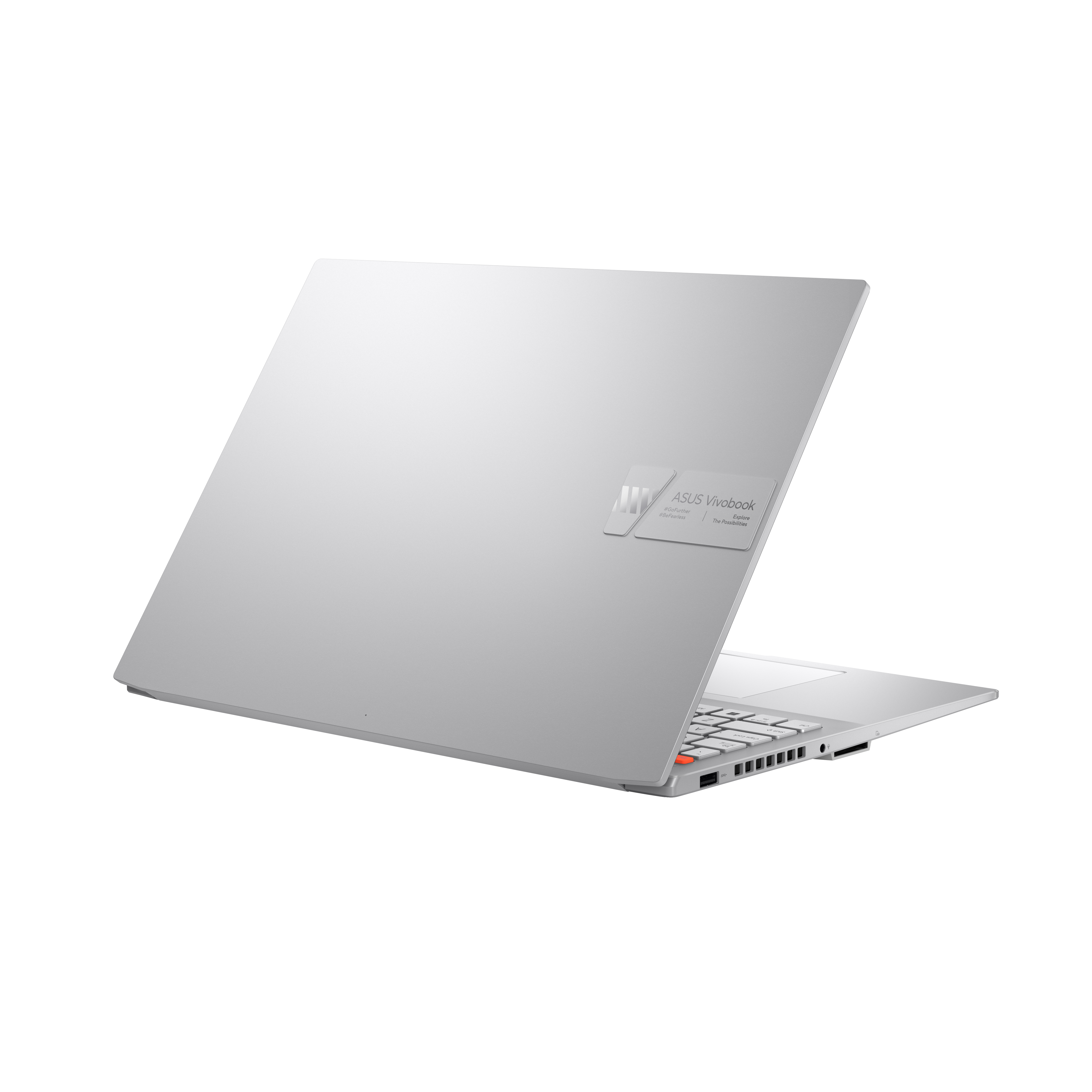 Laptop argentato. Il laptop è aperto, mostrando la tastiera e il logo ASUS Vivobook.