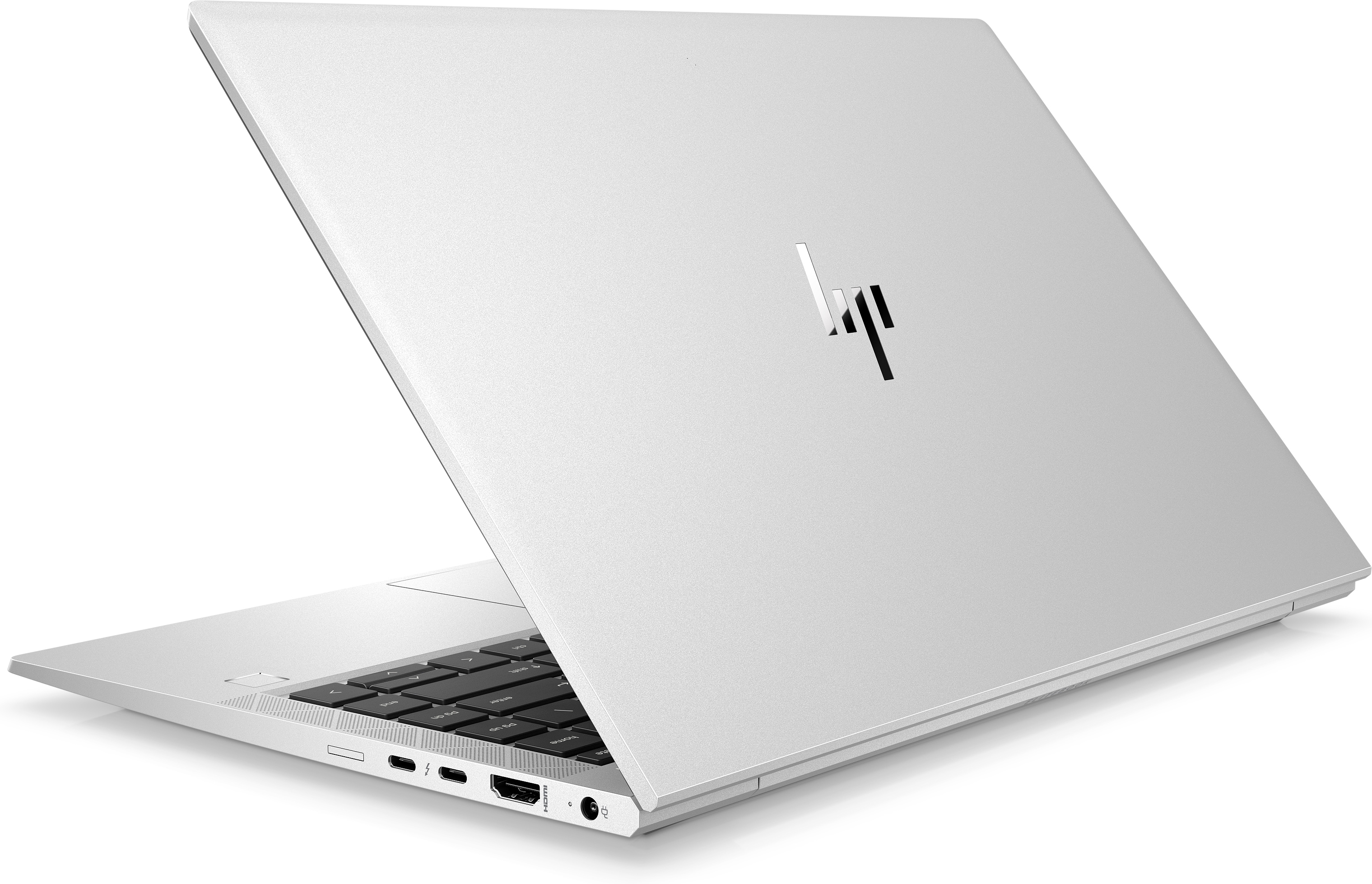 Portátil plateado con teclado negro. Logotipo de HP en la parte trasera.