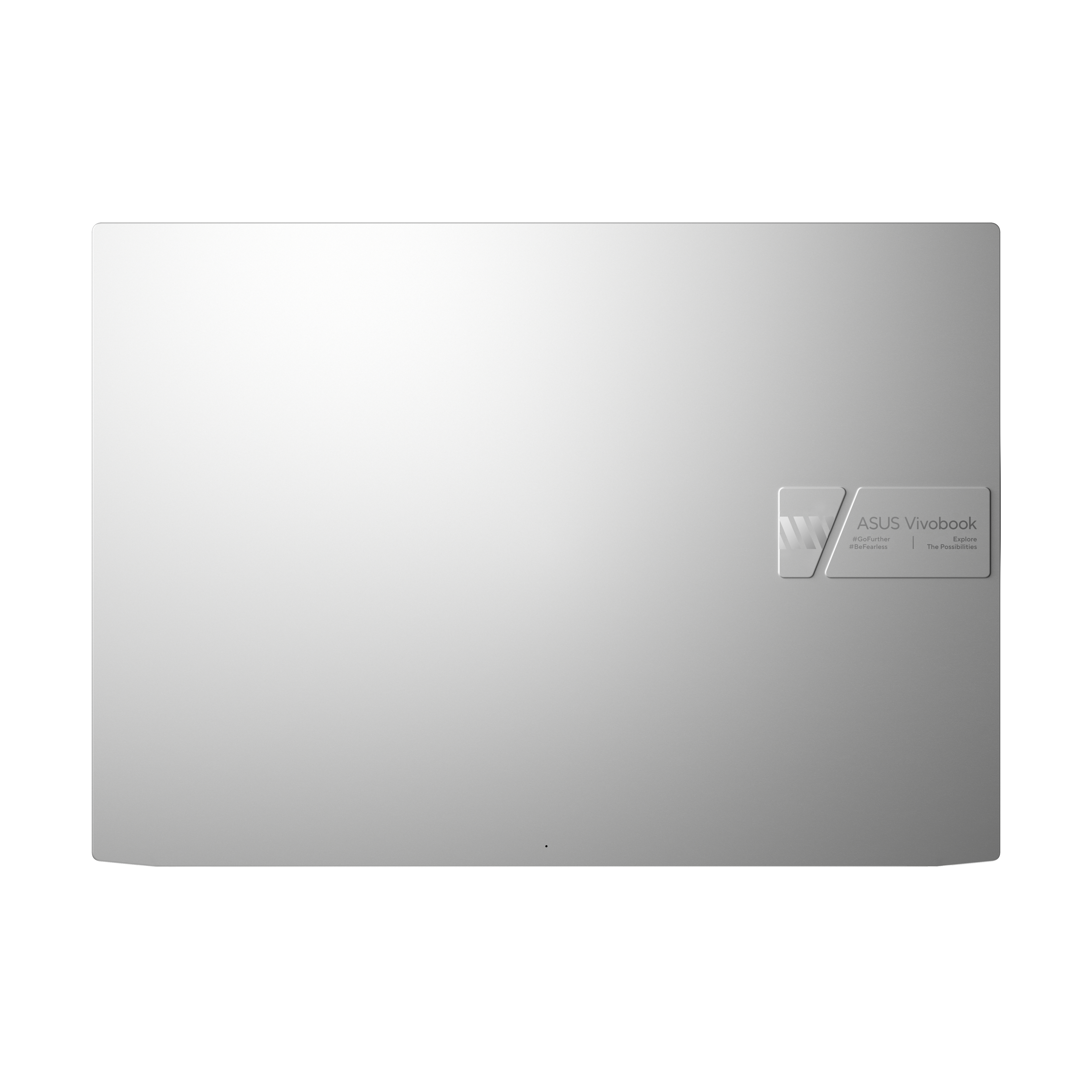 Laptop ASUS Vivobook argento, vista dall'alto, chiuso. Logo ASUS Vivobook sul coperchio.