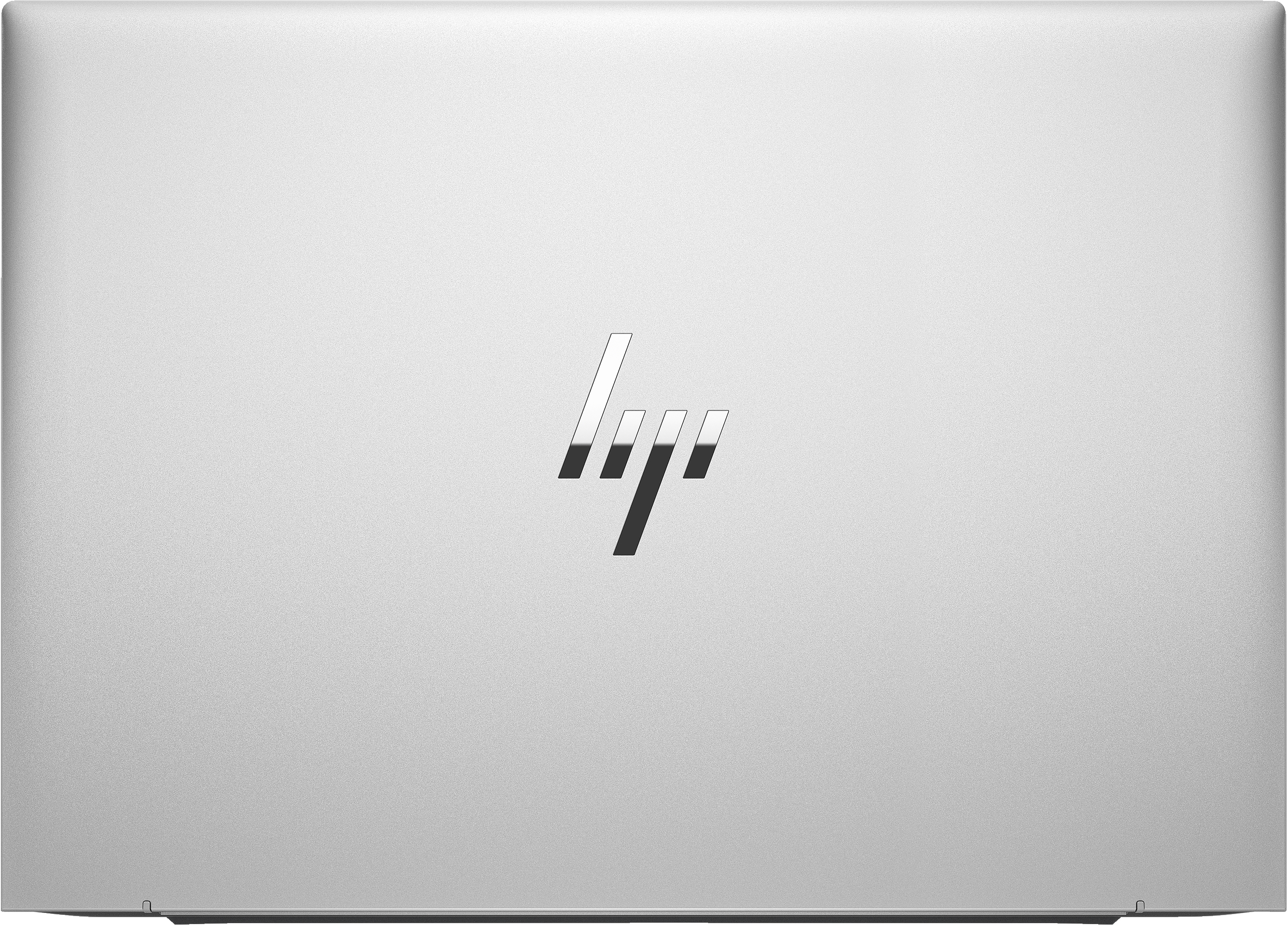 Silberner Laptoprücken mit HP-Logo. Die Oberfläche ist glatt und reflektierend.