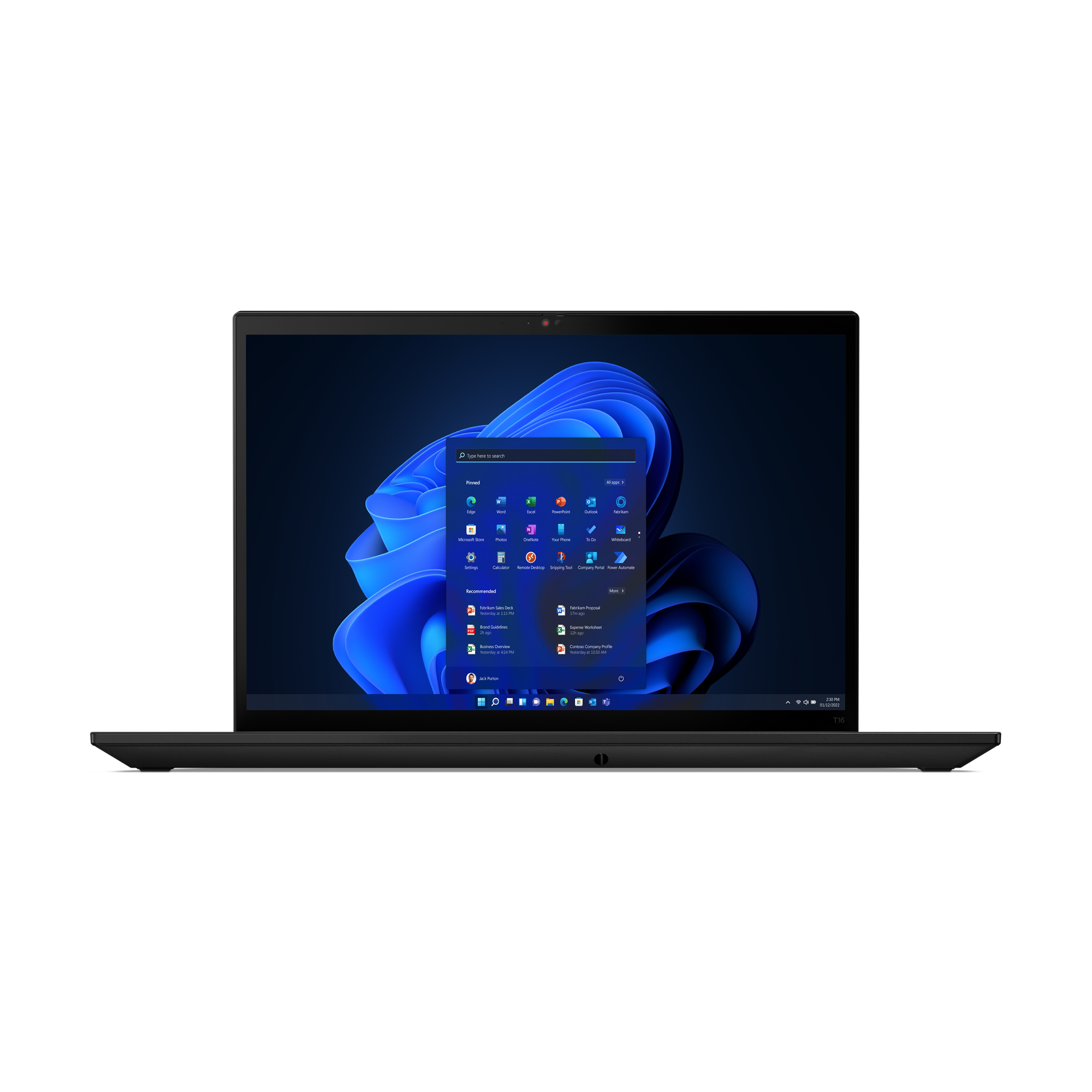 Schwarzer Laptop mit Windows-Oberfläche, App-Icons und blauer Welle auf dem Bildschirm.