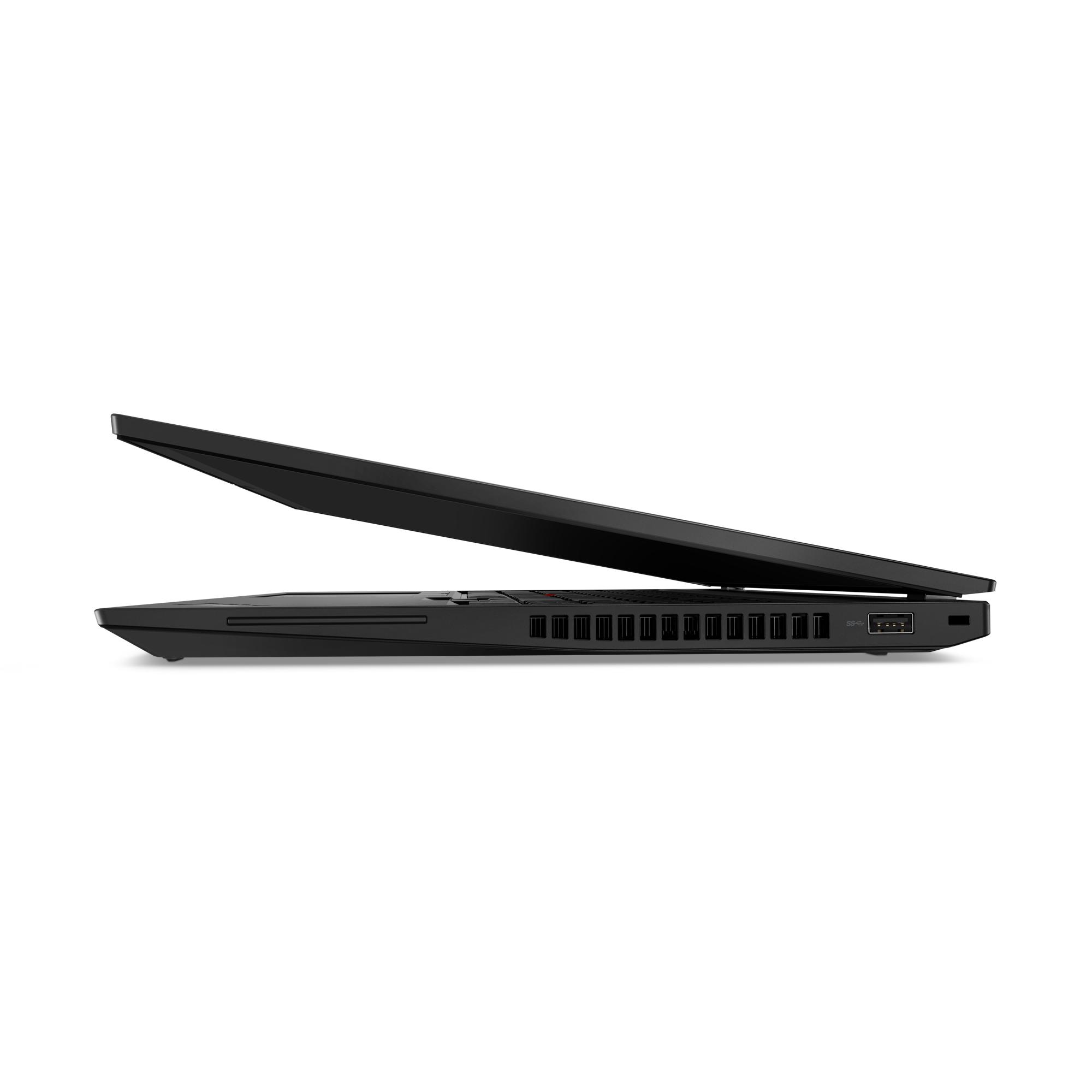 Schwarzer Laptop, Seitenansicht, leicht geöffnet. Weißer Hintergrund.