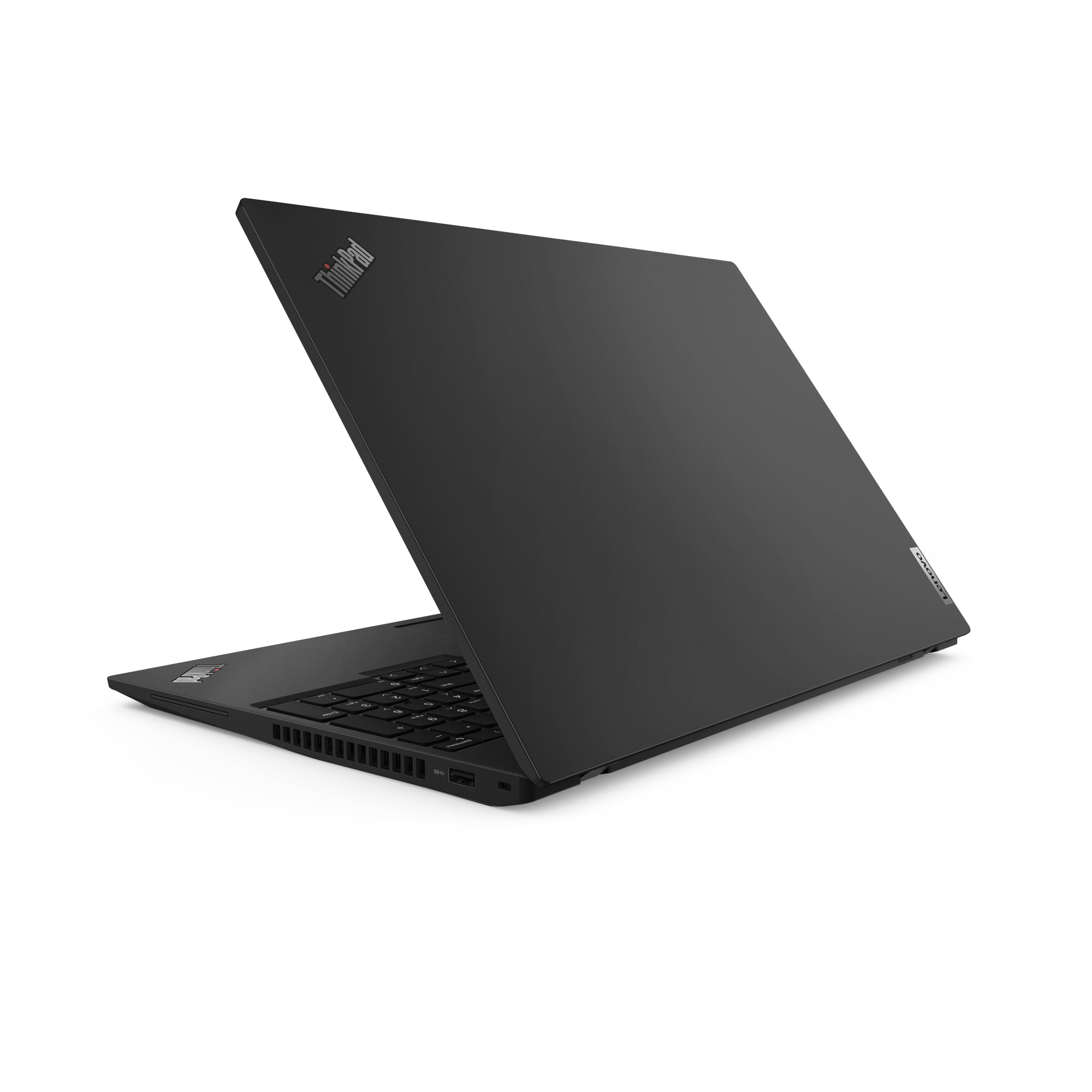 Laptop nero, vista posteriore. Logo Lenovo Thinkpad in alto, aperto, tastiera visibile.