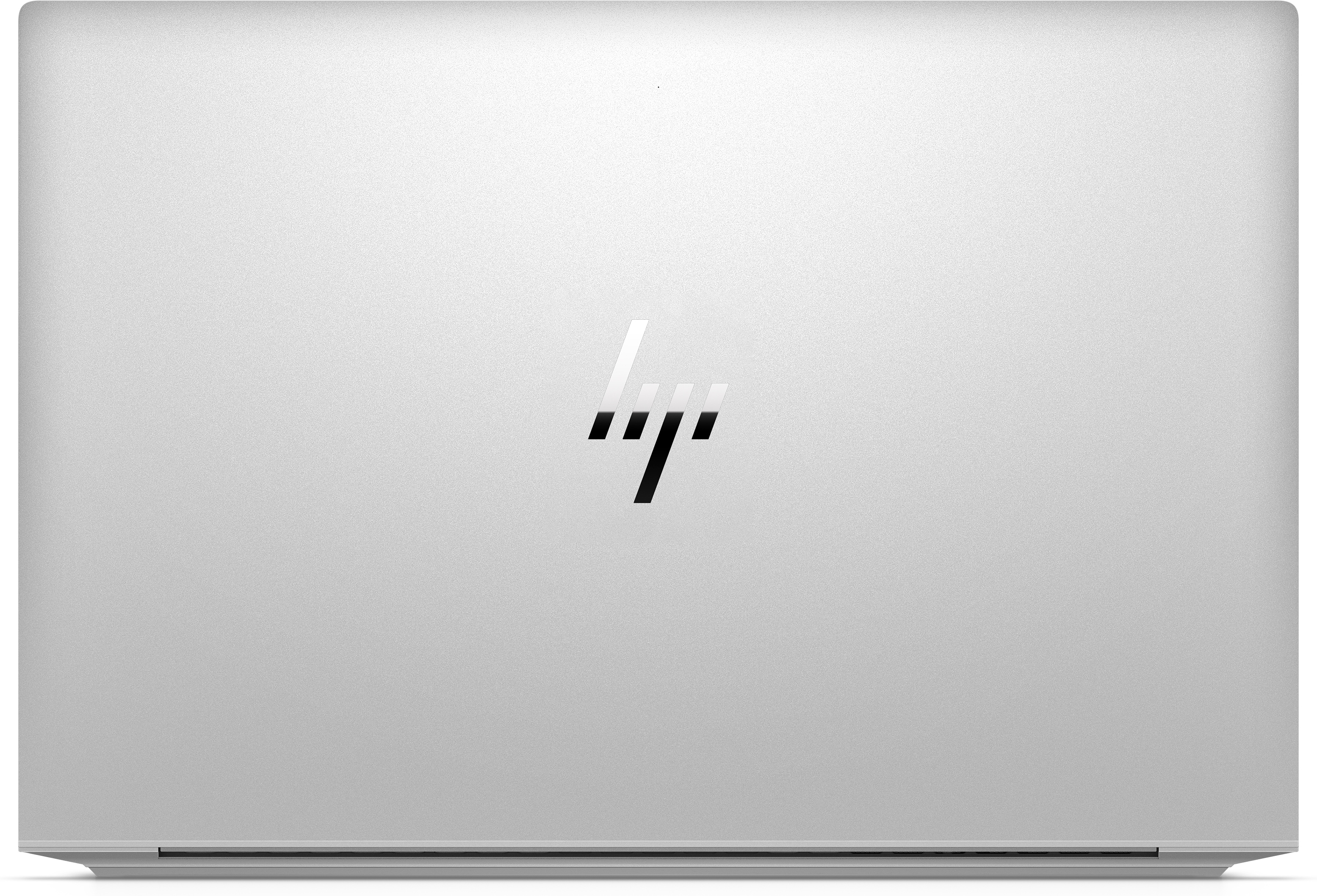 Silberner Laptop mit HP-Logo auf der Rückseite, auf weißem Hintergrund.