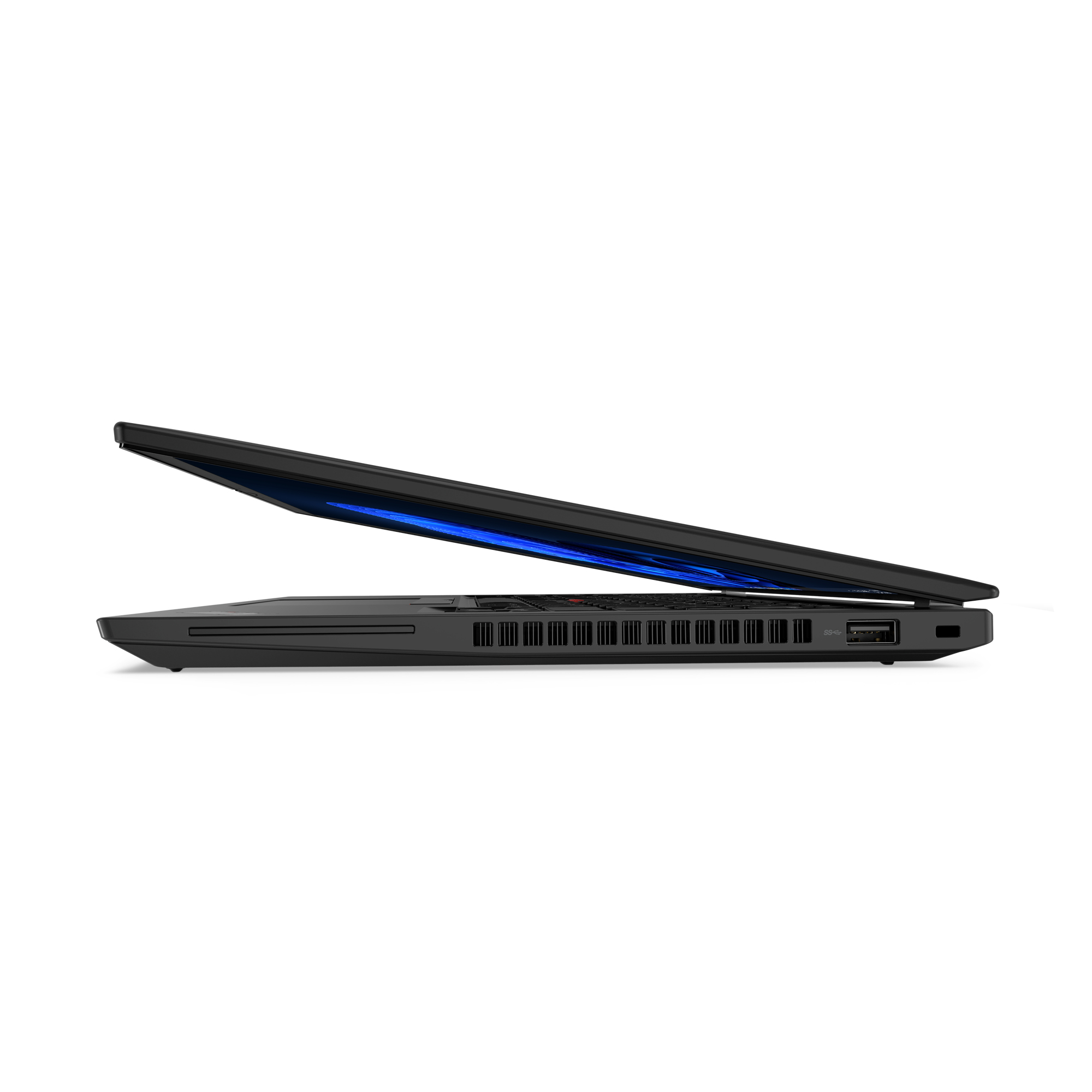 Black laptop with a partially open screen. The screen is black with a blue light coming from inside.
